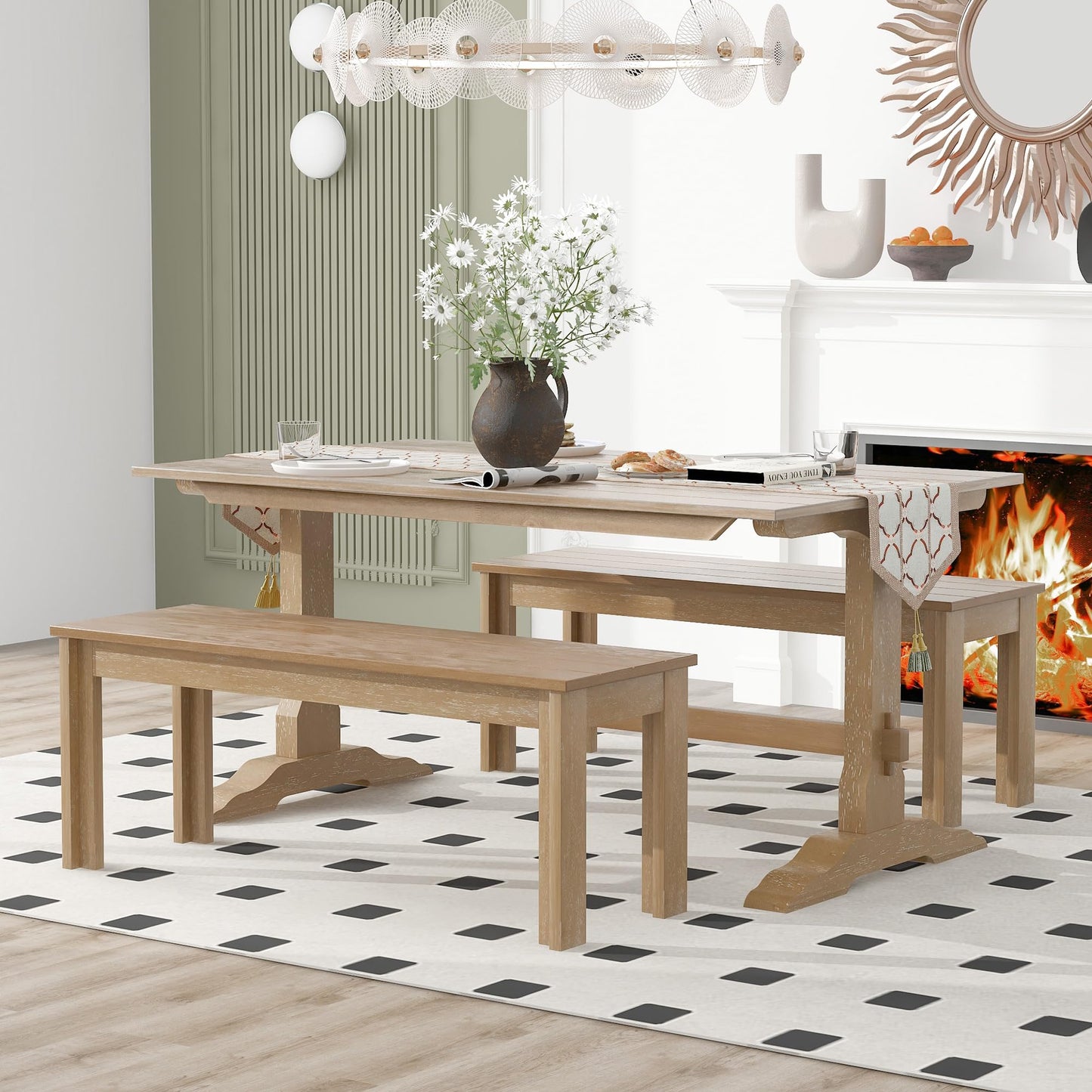 Harper & Bright Designs 3 Pieces Dining Table Set with Bench, Retro Rectangular Trestle Table and 2 Wood Benches for 4 People for Dining Room and Kitchen (Natural Wood)