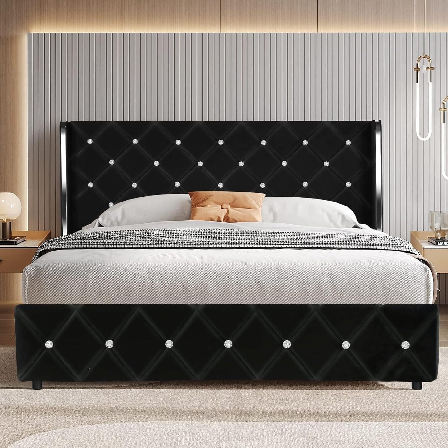 HOMBCK Queen Size Bed Frame with Headboard, Velvet Upholstered Bed Frame Queen with Wingback and Diamond Headboard, Wood Slat Support, No Box Spring Needed, Black