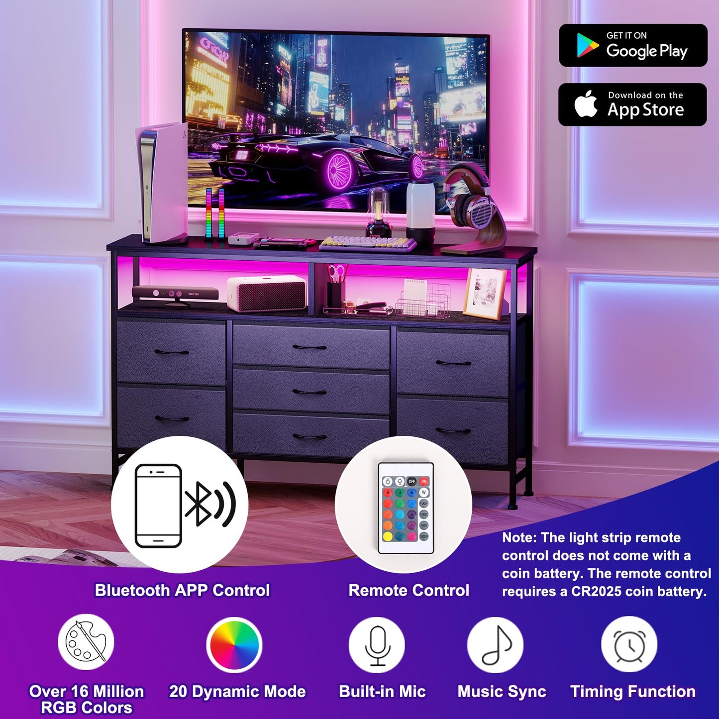 Fixwal 55 Inches Long Dresser Black Dresser for Bedroom with Power Outlets and LED Lights, 65-inch TV Stand with 7 Fabric Drawers, TV Stand for Bedroom Furniture, Chests of Drawers for Closet