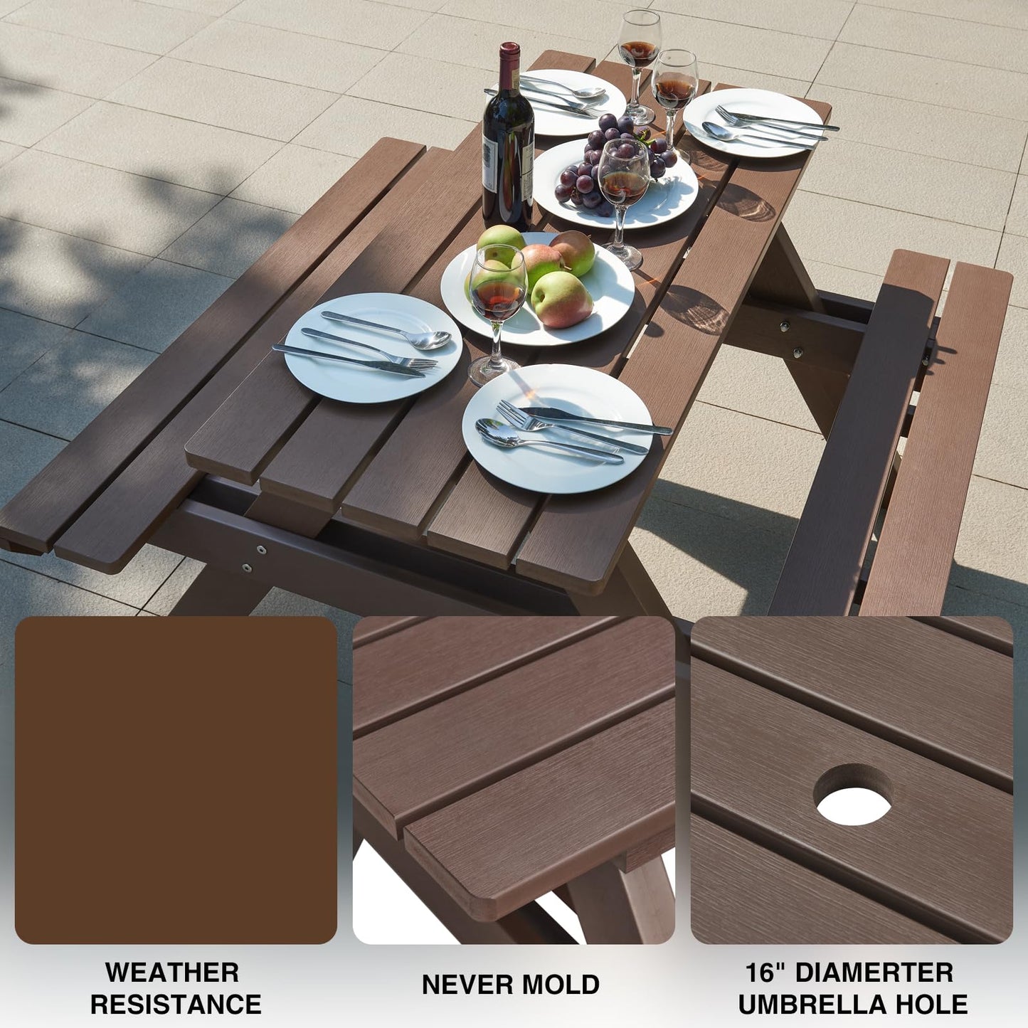 Psilvam Picnic Table - Heavy Duty Poly Lumber with Umbrella Hole & Integrated Benches, 100% Waterproof All-Weather for Patio, Garden (Brown)