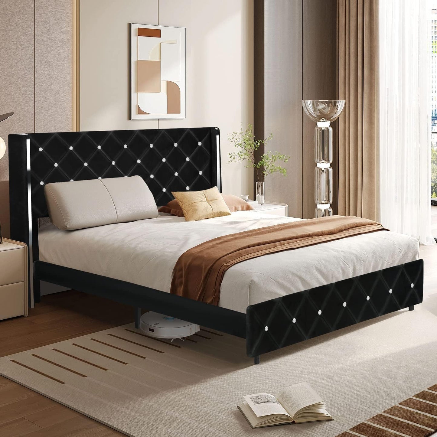 HOMBCK Queen Size Bed Frame with Headboard, Velvet Upholstered Bed Frame Queen with Wingback and Diamond Headboard, Wood Slat Support, No Box Spring Needed, Black