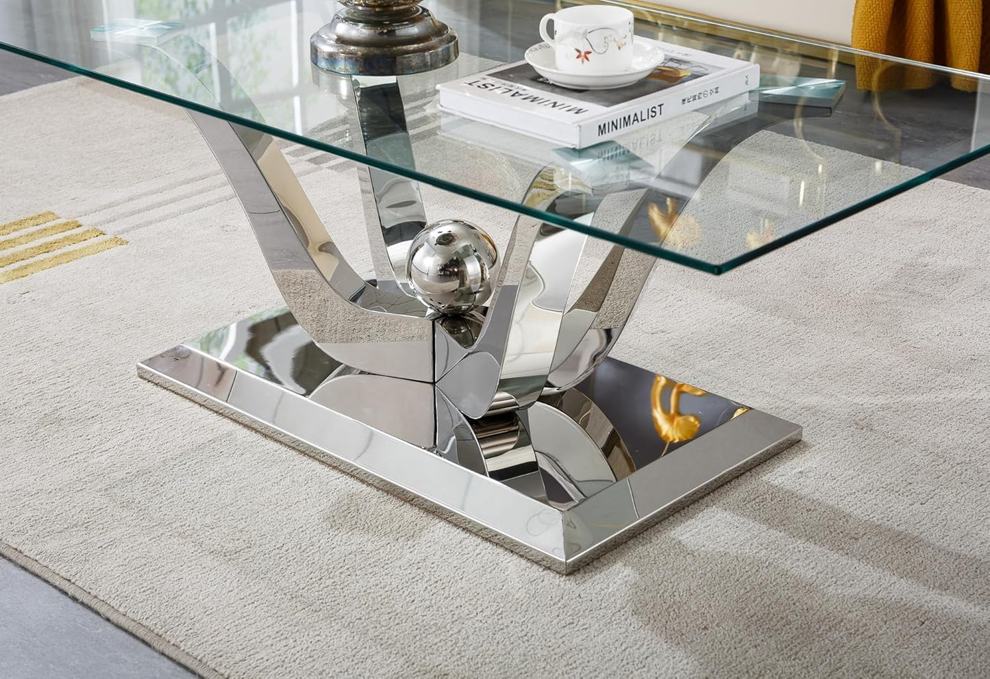 Modern Silver Glass Coffee Table, 47" Rectangle Coffee Table with Tempered Glass Top&Stainless Steel Flower-Shape Base, Luxury Glass Living Room Center Table Accent Cocktail Table for Home Office