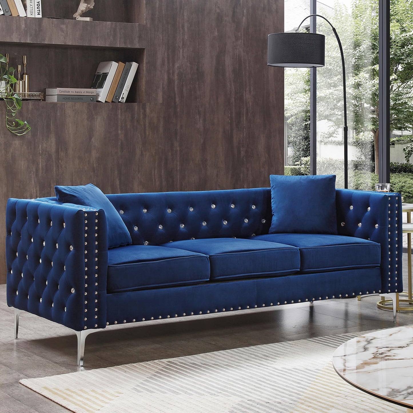 Fulocseny Luxury Velvet Sofa for Living Room 82", Jeweled Buttons Tufted Square Arm Couch, Modern Upholstered Couch Classic Chesterfield Sofa with 2 Pillows & Metal Legs (Blue, 3-Seater)