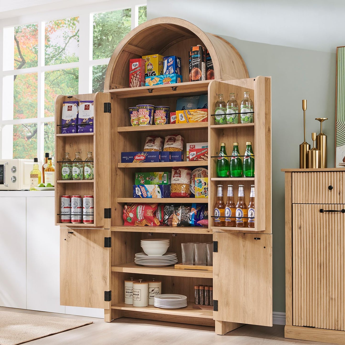 IFGET 71" Tall Arched Kitchen Pantry, Modern Fluted Wood Storage Cabinet with Doors, 3 Adjustable Shelves, 6 Door Shelves, Organizer, Versatile Cupboard for Kitchen, Bathroom, Natrual