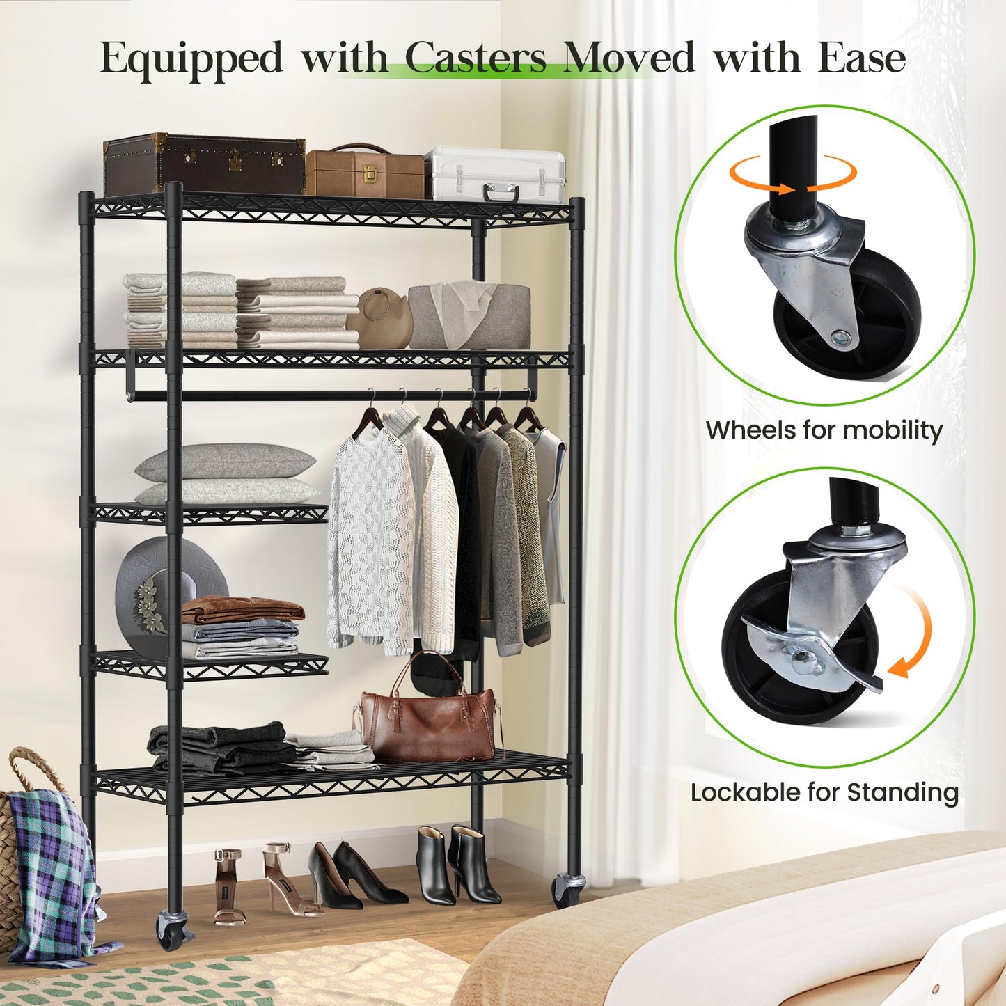 JS HOME Heavy Duty Garment Rack, Free-Standing Rolling Clothes Rack with Fitted Grey Oxford Cover, Extra Large Wardrobe Storage Rack/Organizer