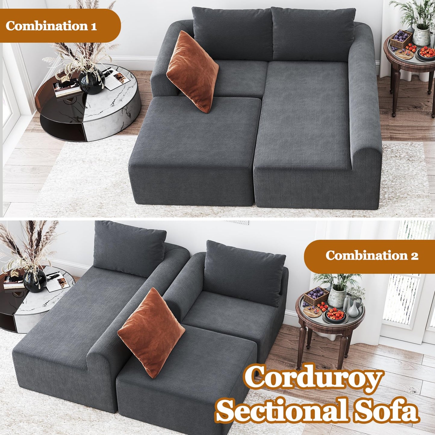 Cloud Sectional Couch with Ottoman, Modern L-Shaped Modular Sectional Sofa with Chaise Corduroy Boneless Couches for Living Room Bedroom Apartments, Stain-Resistant Fabric & Free Assembly, Grey