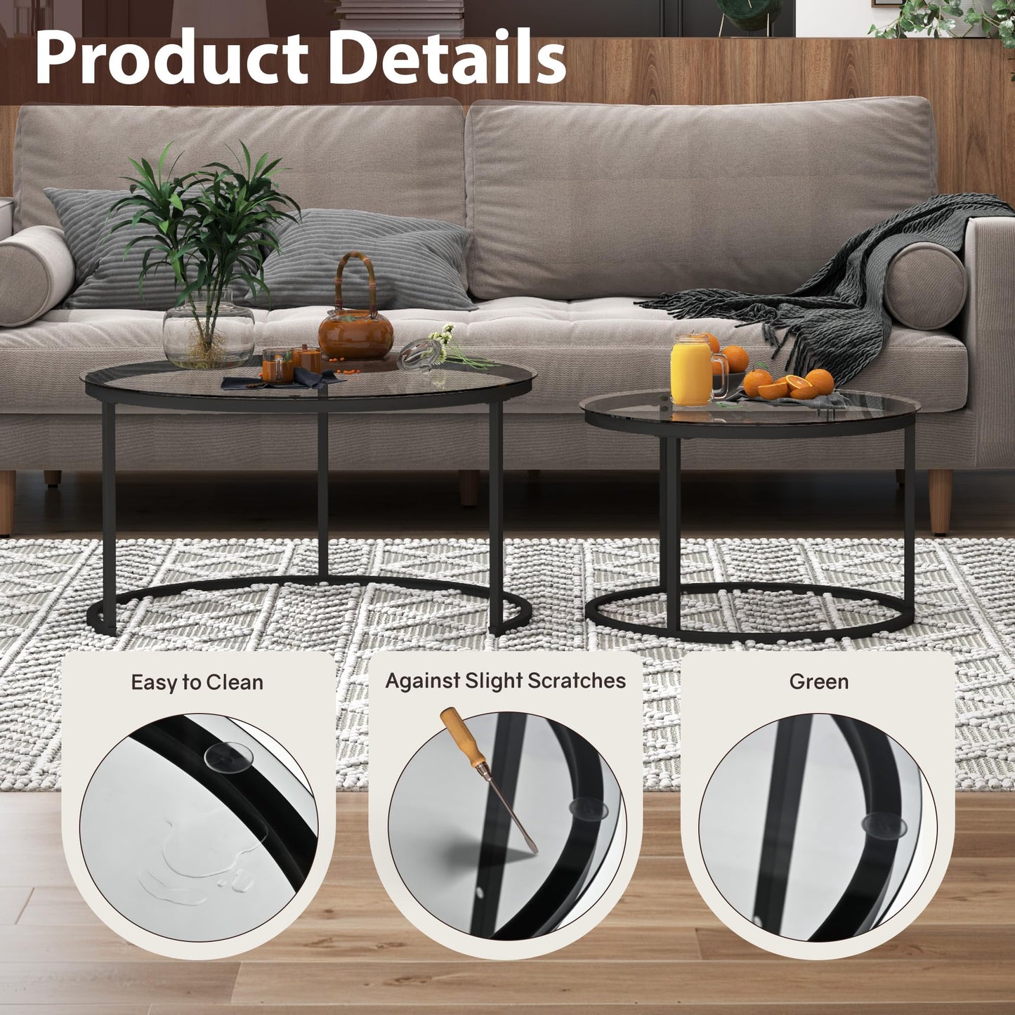 Furnivado 31.5" Nesting Coffee Table Set of 2, Round Nesting Coffee Tables with Tempered Glass Top, End Tables with Metal Frame for Living Room, Bedroom, Grey Transparent Glass