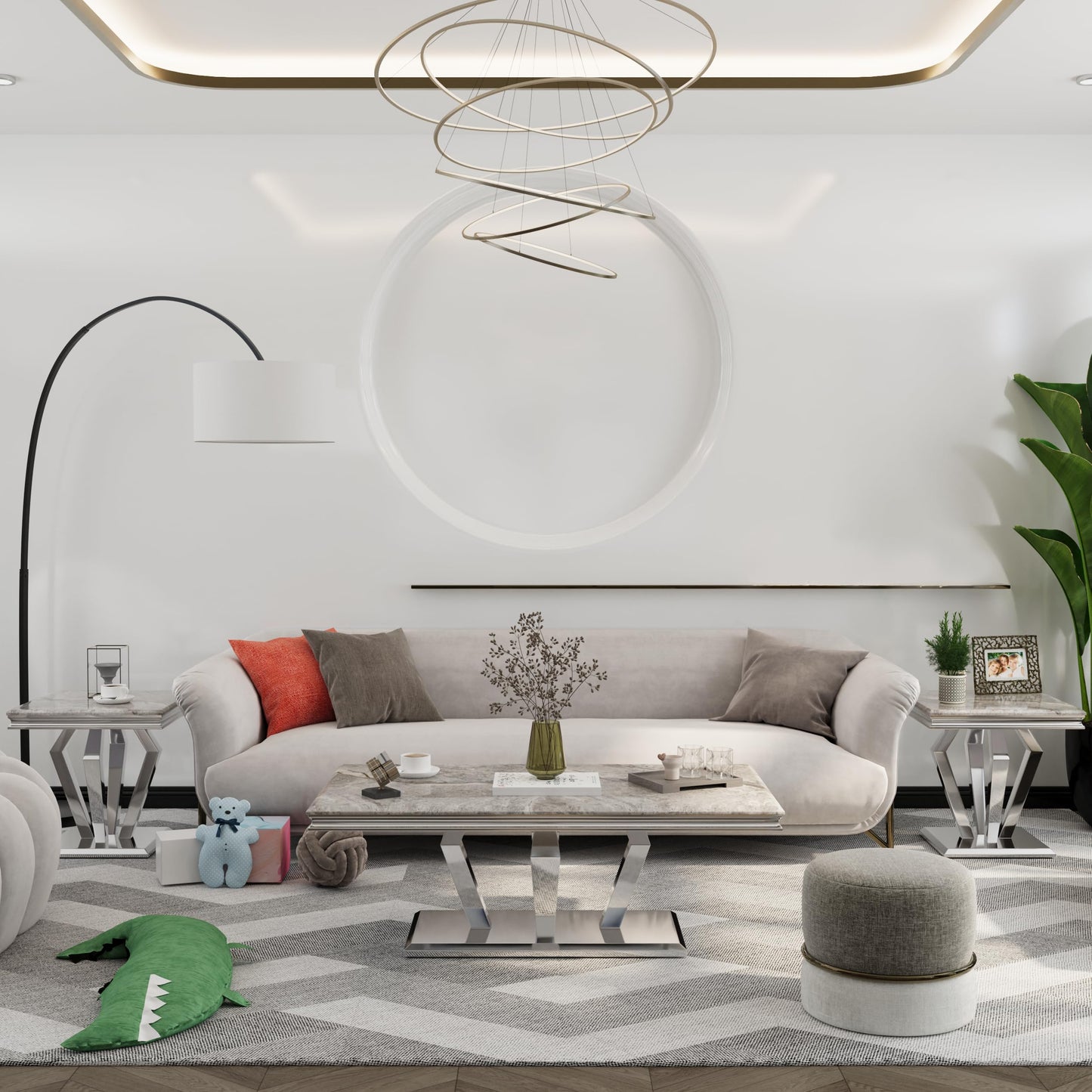 ACEDÉCOR Coffee Table, Silver Coffee Table with Four Geometric Mirror Bases, Rectangular CoffeeTable with Sturdy Metal Frame,48 inches Modern Coffee Table for Living Room, Office, Reception Room