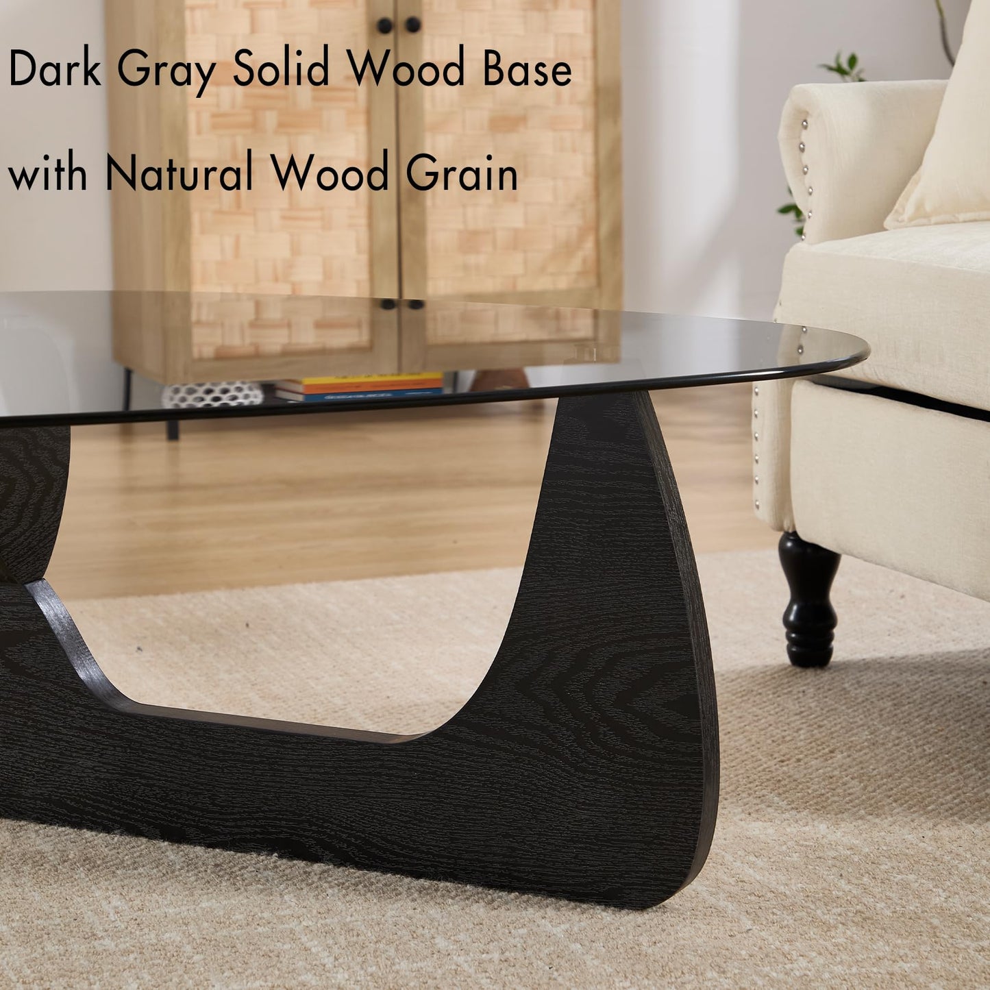 Hyfirm Small Glass Coffee Table, 32.5" Black Triangle Center Table with Solid Wood Base Abstract Contemporary Coffee Table for Living Room Office Patio, Grey