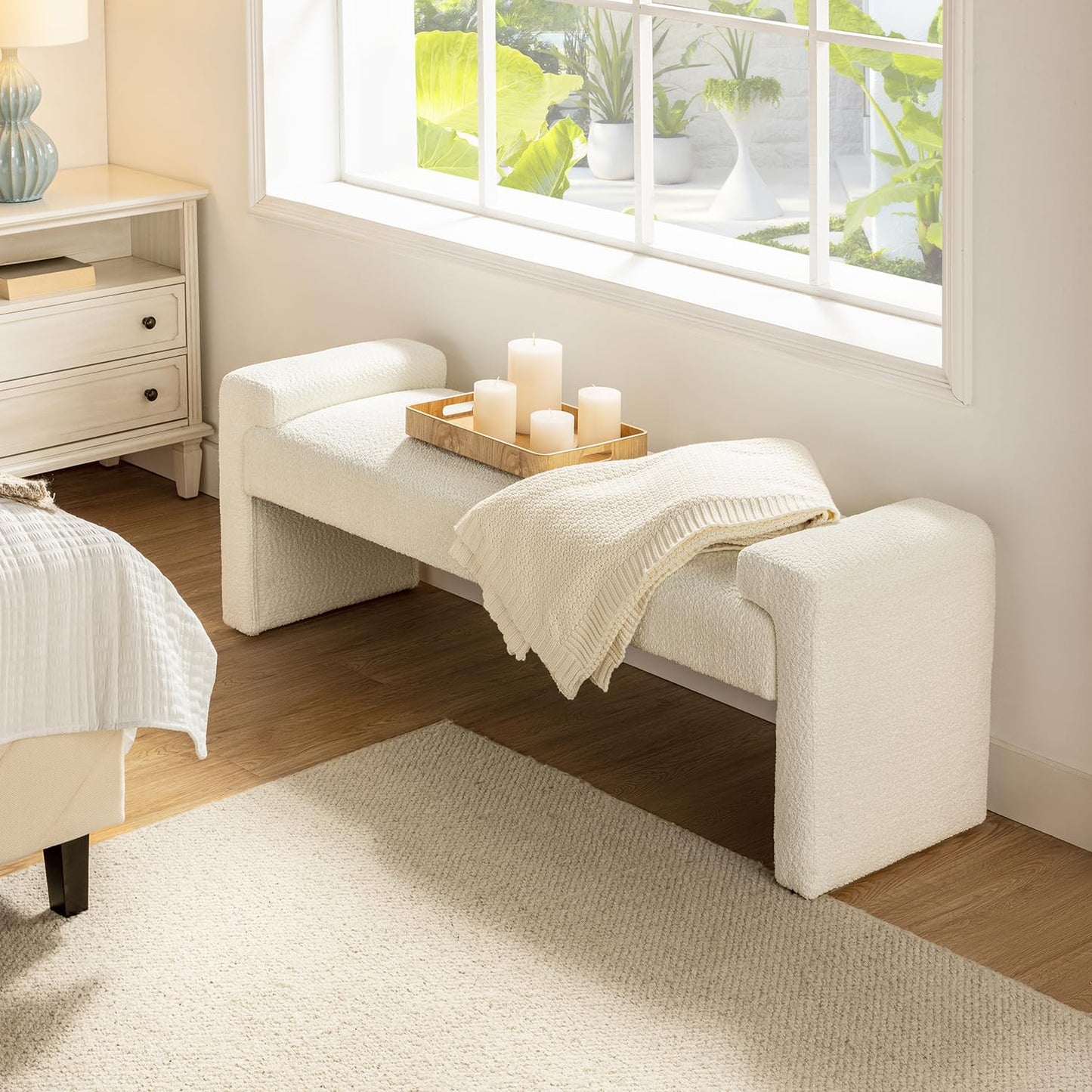 HULALA HOME 58.5" End of Bed Bench, Modern Fabric Upholstered Entryway Bench with Solid Wood Frame, Ivory