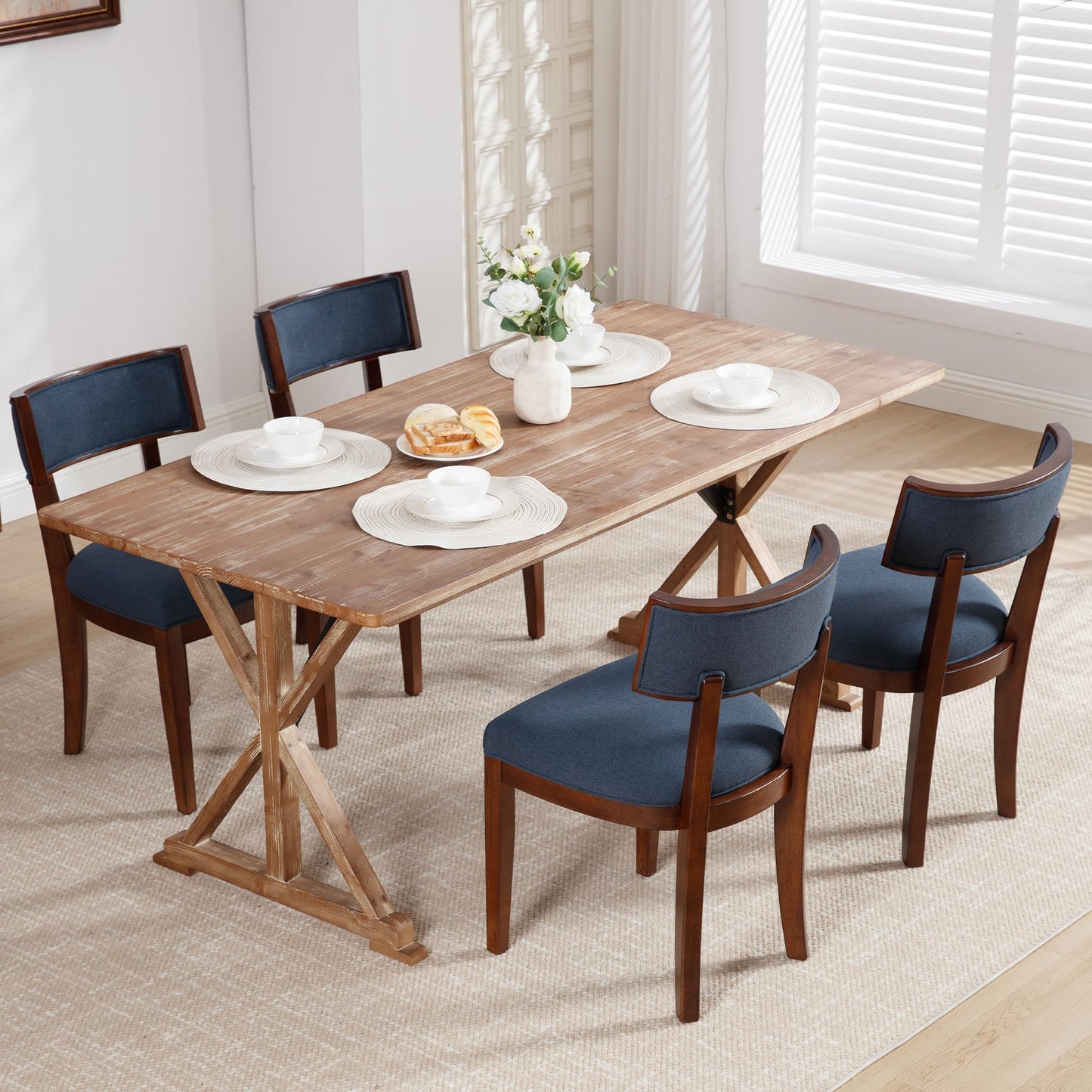 LZAREAL Mid Century Modern Dining Chairs Set of 2 Farmhouse Dining Room Chairs with Curved Backrest Dining Chair with Walnut-Colored Wood Legs for Kitchen Dining Room Home, Linen Fabric, Blue