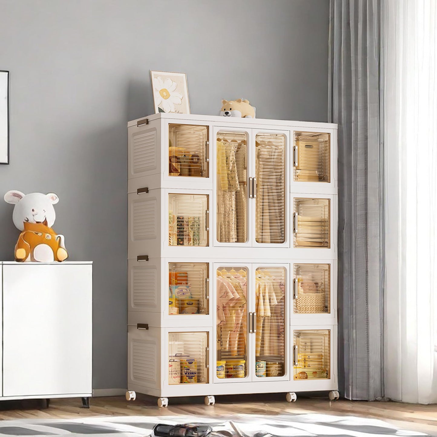 Montary Portable Kids Closet, Children's Wardrobe Closet with Transparent Doors, Plastic Baby Wardrobe Storage Cabinet with 12 Cubes, 2 Hanging Rod & 16 Hangers, Suitable for Living Room, Bedroom