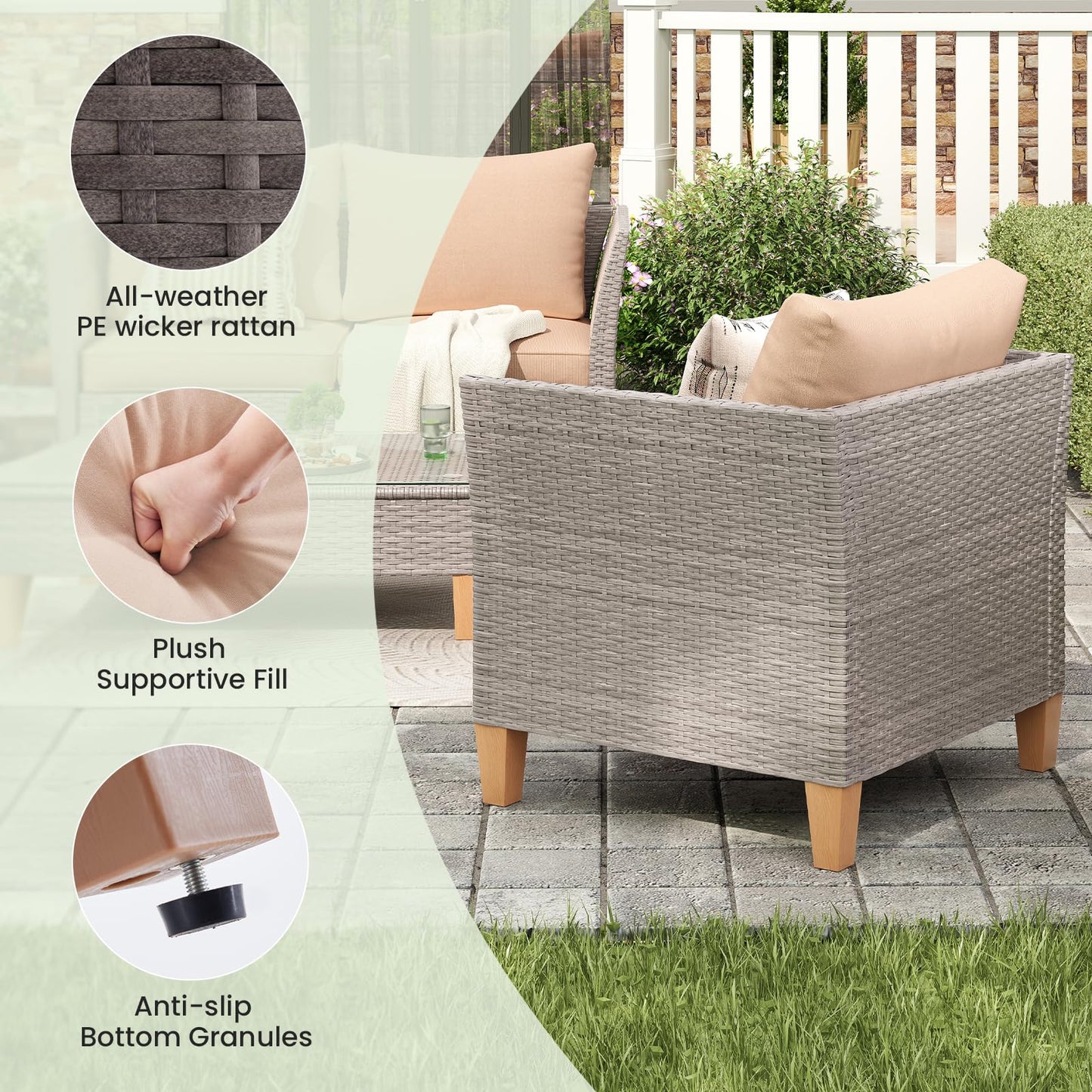 Soohow 5-Piece Patio Furniture Set, Outdoor Furniture with Coffee Table, Loveseat & 2 Single Chairs, 4-Inch Thickened Cushions with Water/Oil/Stain-Resistant Fabric (Beige Cushion + Gray Wicker)