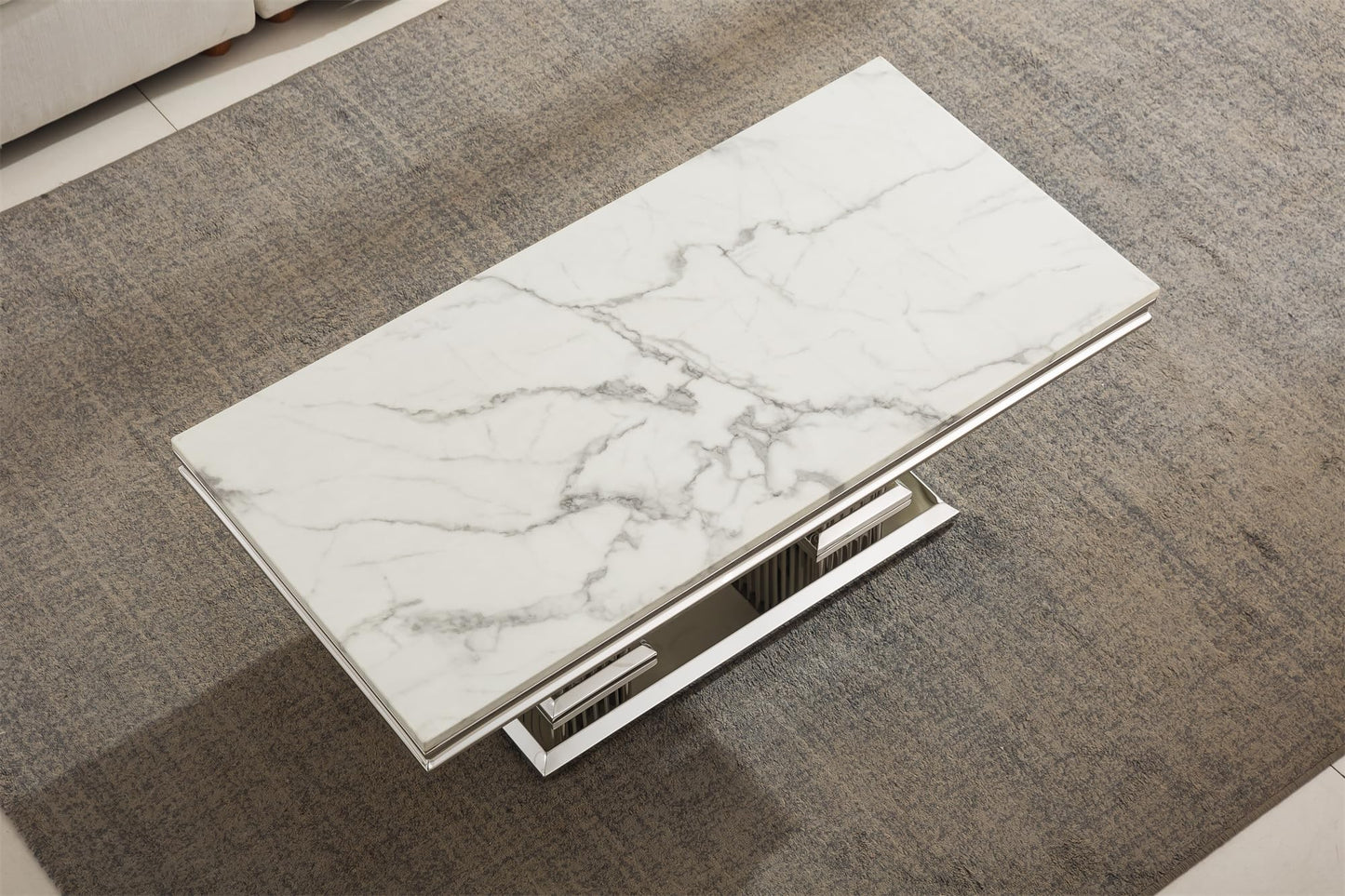 SSLine Modern 1 Piece Living Room Coffee Table Luxury Faux Marble Coffee Table with II-Shape Stainless Steel Base for Living Room Bedroom Home Office, Only 1 Coffee Table,White Marble& Silver