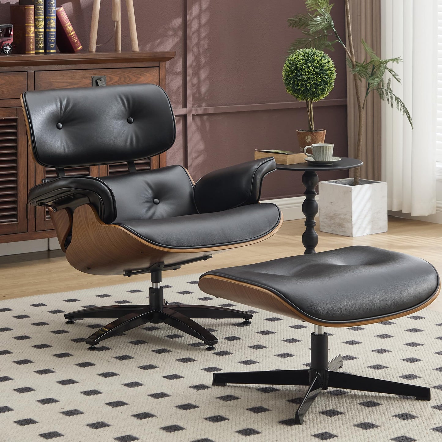 KEEZY Mid-Century Modern Lounge Chair and Ottoman Set, Classic PU Leather Upholstery, Walnut Wood Trim, 360° Swivel, Ergonomic Tilt Function, Perfect for Living Rooms, Home Offices (Black)
