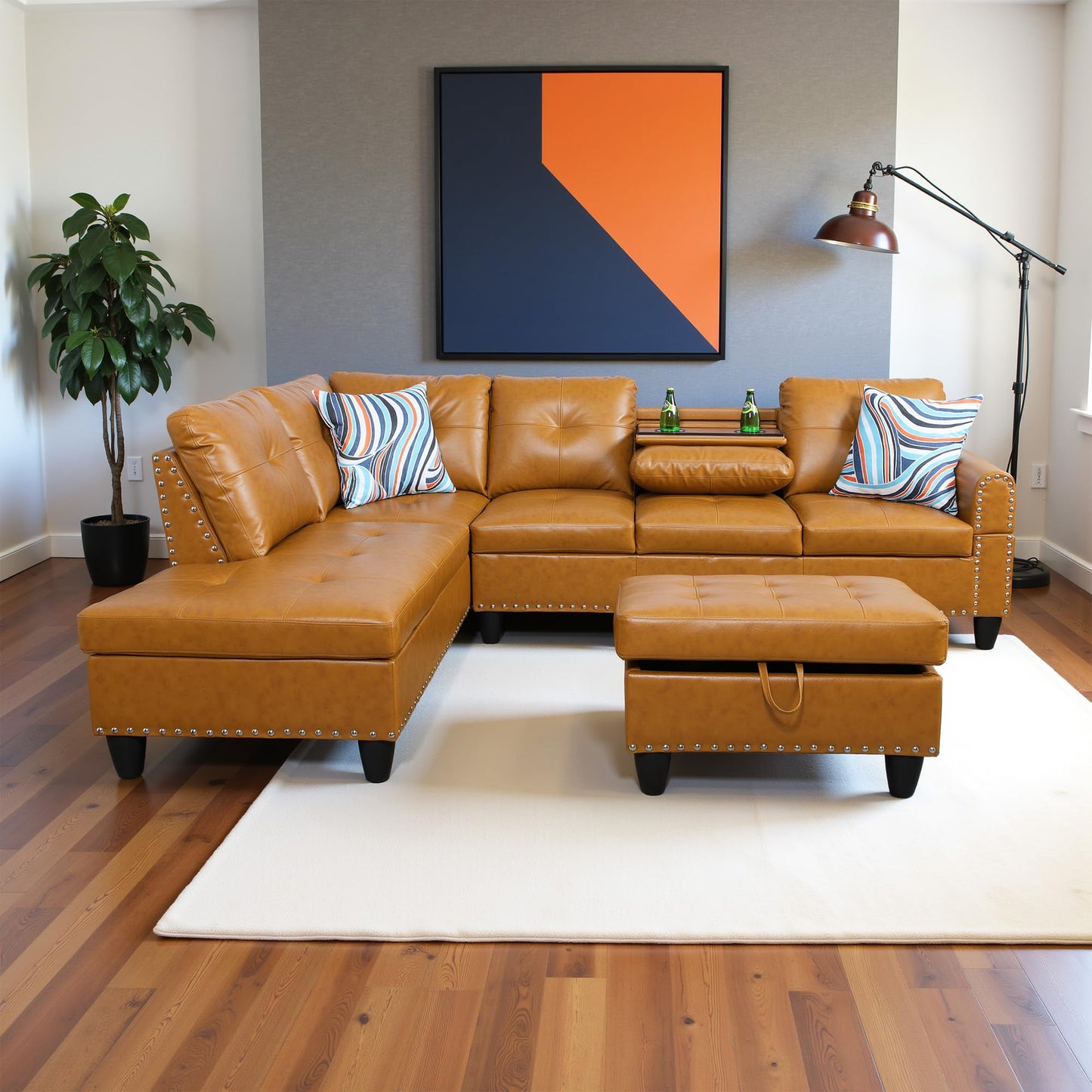 Osparple Sectional Couch L Shaped Couch for Living Room 3 Pieces Semi PU Synthetic Leather Modular Sectional Sofa Set with Chaise, Ottoman with Storage for Small Apartment, Ginger