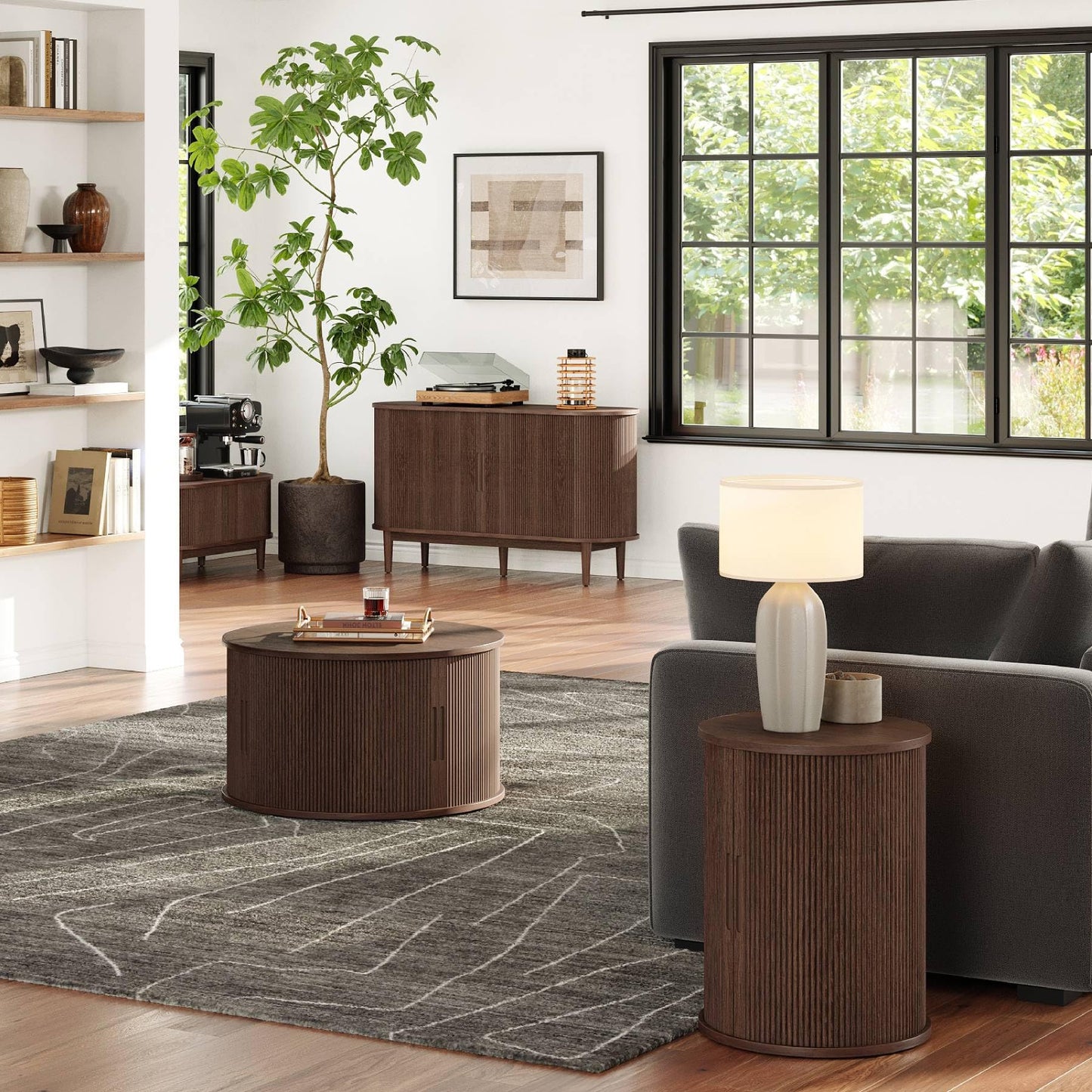 LINSY HOME Round Fluted End Table, Tall Side Table with Sliding Tambour Door and Storage Shelf, Modern Bedside Table, Mid-Century Nightstand for Living Room, Bedroom, Walnut