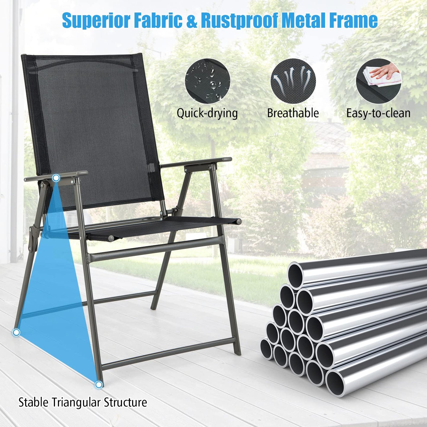 Tangkula Set of 4 Patio Folding Chairs, High Back Dining Chairs with Weather-Resistant Fabric, No Assembly, Outdoor Portable Metal Lawn Chairs with Armrests & Footrest for Garden