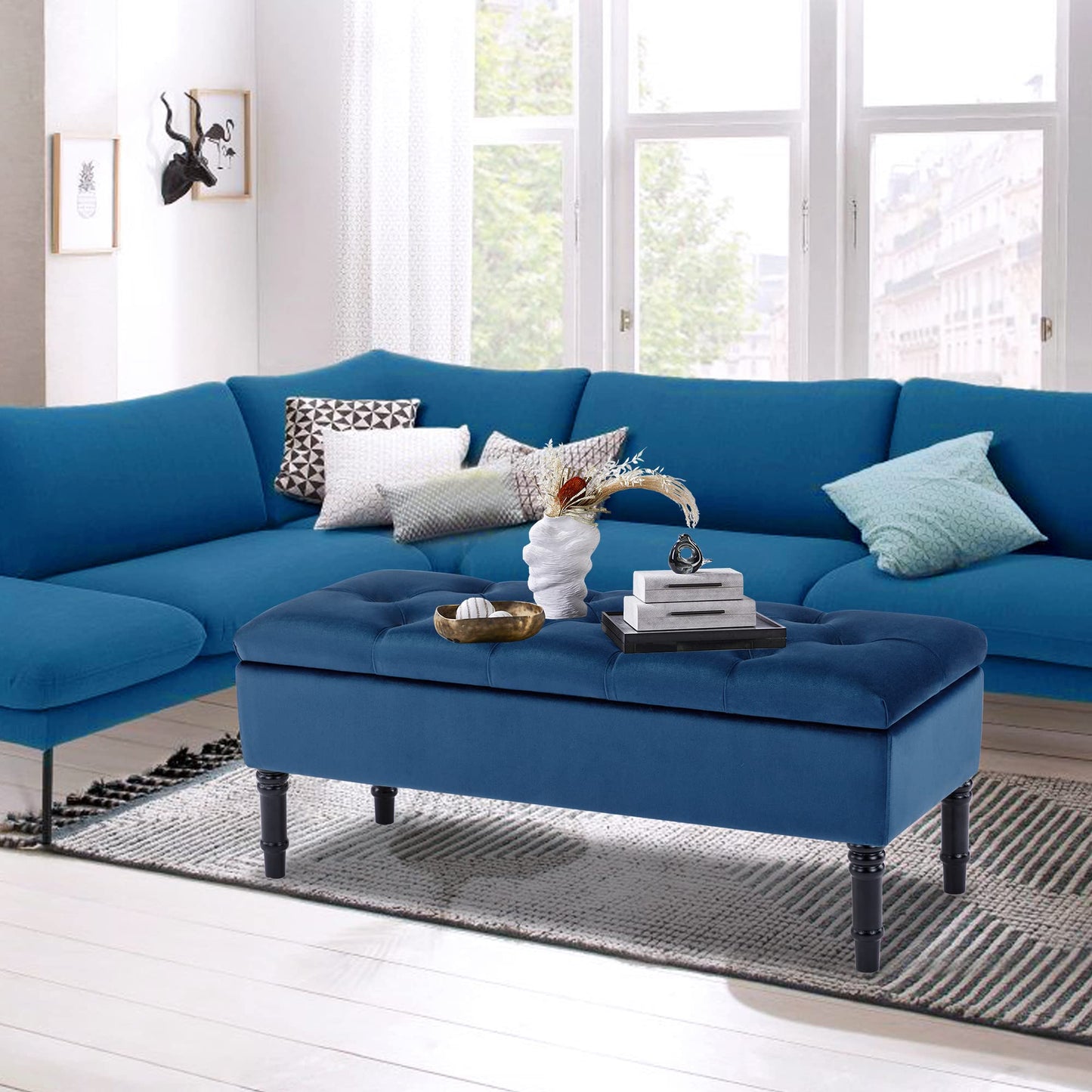 FOREDO Velvet Storage Ottoman Bench, Upholstered Storage Bench with Button Tufted, End of Bed Storage Bench, Blue