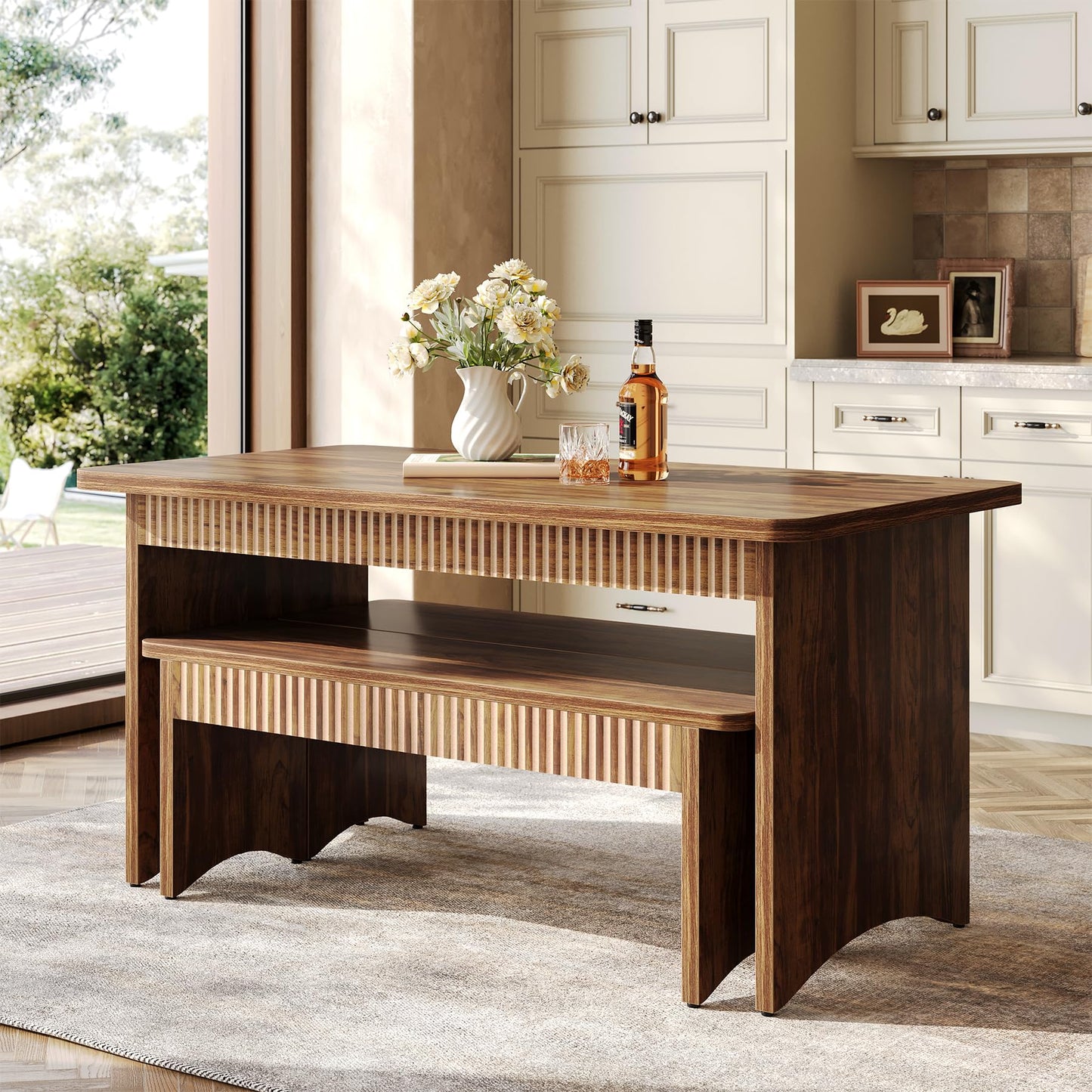 LITTLE TREE 55" Dining Table with 2 Benches, Dining Table Set for 4-6 People, Farmhouse Kitchen Table with Bench, Dining Room Table Set