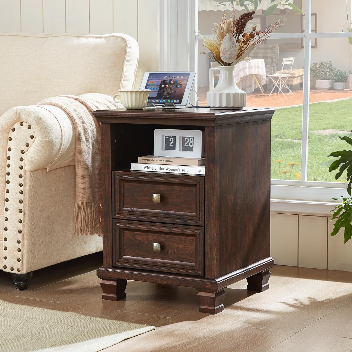 SAVOR LIFE Farmhouse Nightstand Set of 2 with Charging Station, Rustic Brown Nightstand,2 Drawers End Table for Living Room,Bedside Table with Open Shelf for Bed Room,Walnut