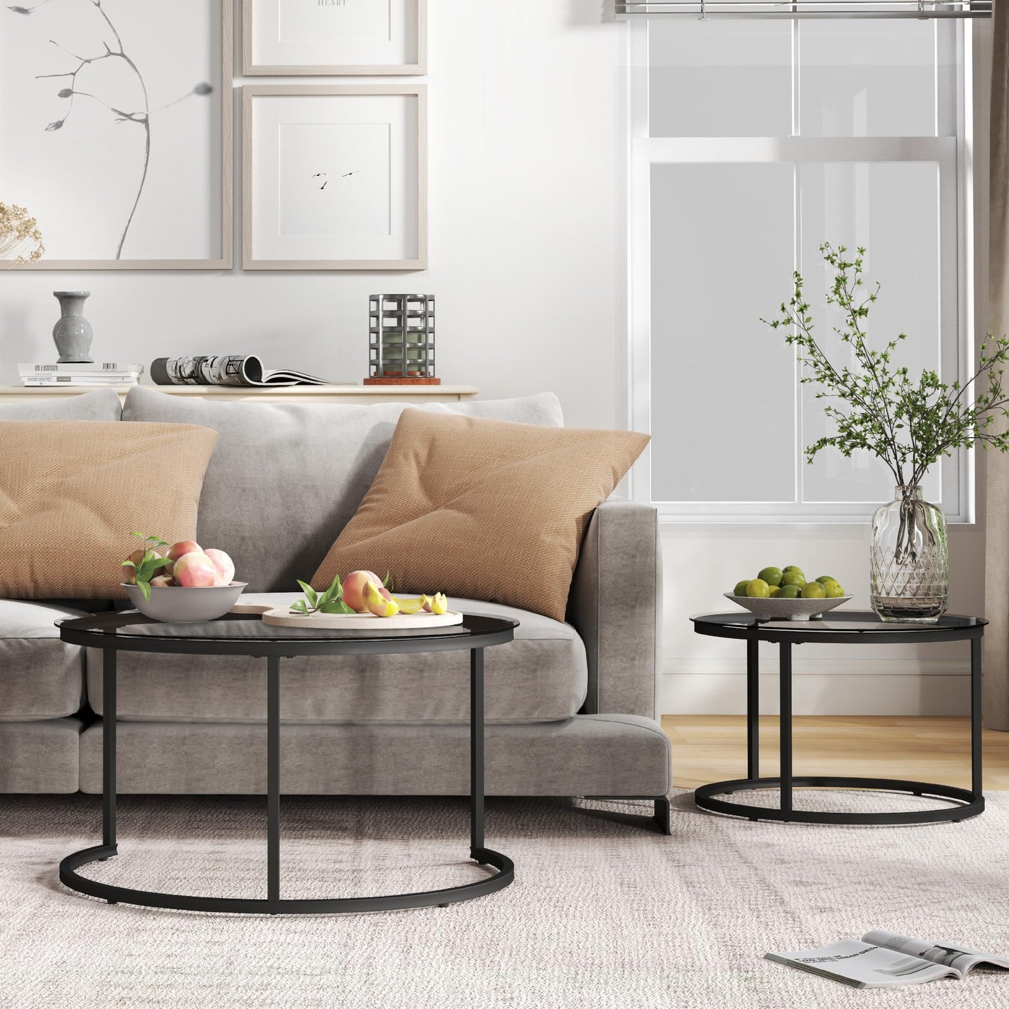 Furnivado 31.5" Nesting Coffee Table Set of 2, Round Nesting Coffee Tables with Tempered Glass Top, End Tables with Metal Frame for Living Room, Bedroom, Grey Transparent Glass