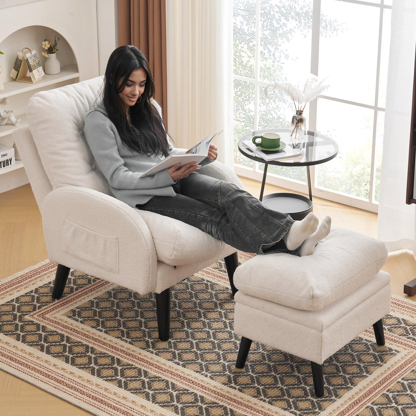 ELUCHANG Accent Chairs with Ottoman, Upholstered Comfy Armchair with Adjustable Backrest&Storage Footrest, Lazy Chair Reading Chair Leisure Sofa Recliner for Living Room Bedroom (White - Teddy Fabric)