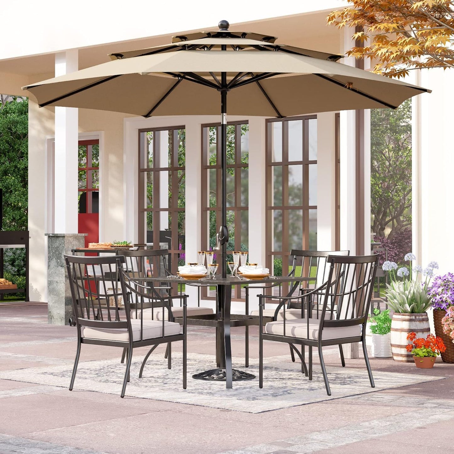 PHI VILLA 5 Piece Outdoor Dining Set with Cushion, 37” Square Metal Dining Table with Umbrella Hole & 4 Cushioned Steel Chairs for Patio, Deck, Yard