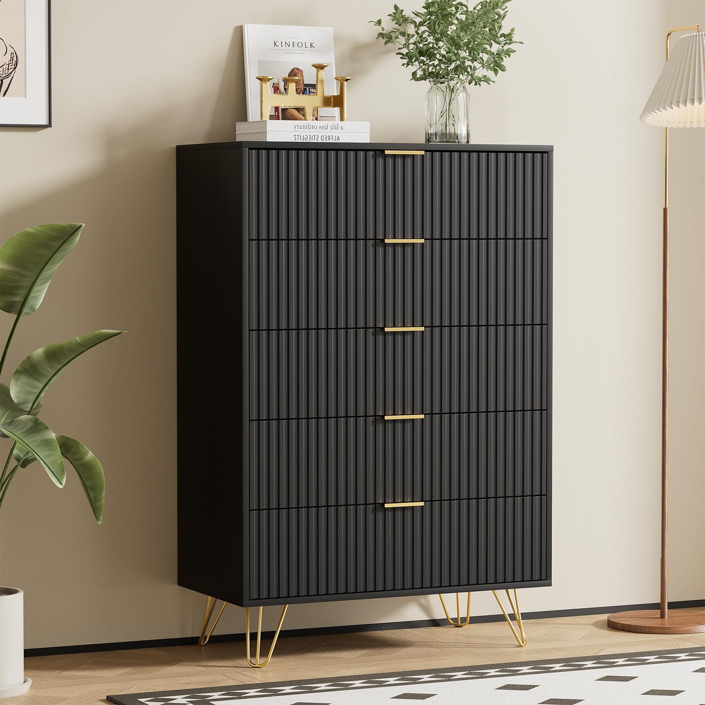 Furniway Black Dresser for Bedroom, Fluted Modern Dresser with Gold Pulls and 5 Drawers, 15.7" D x 31.5" W x 47.2" H