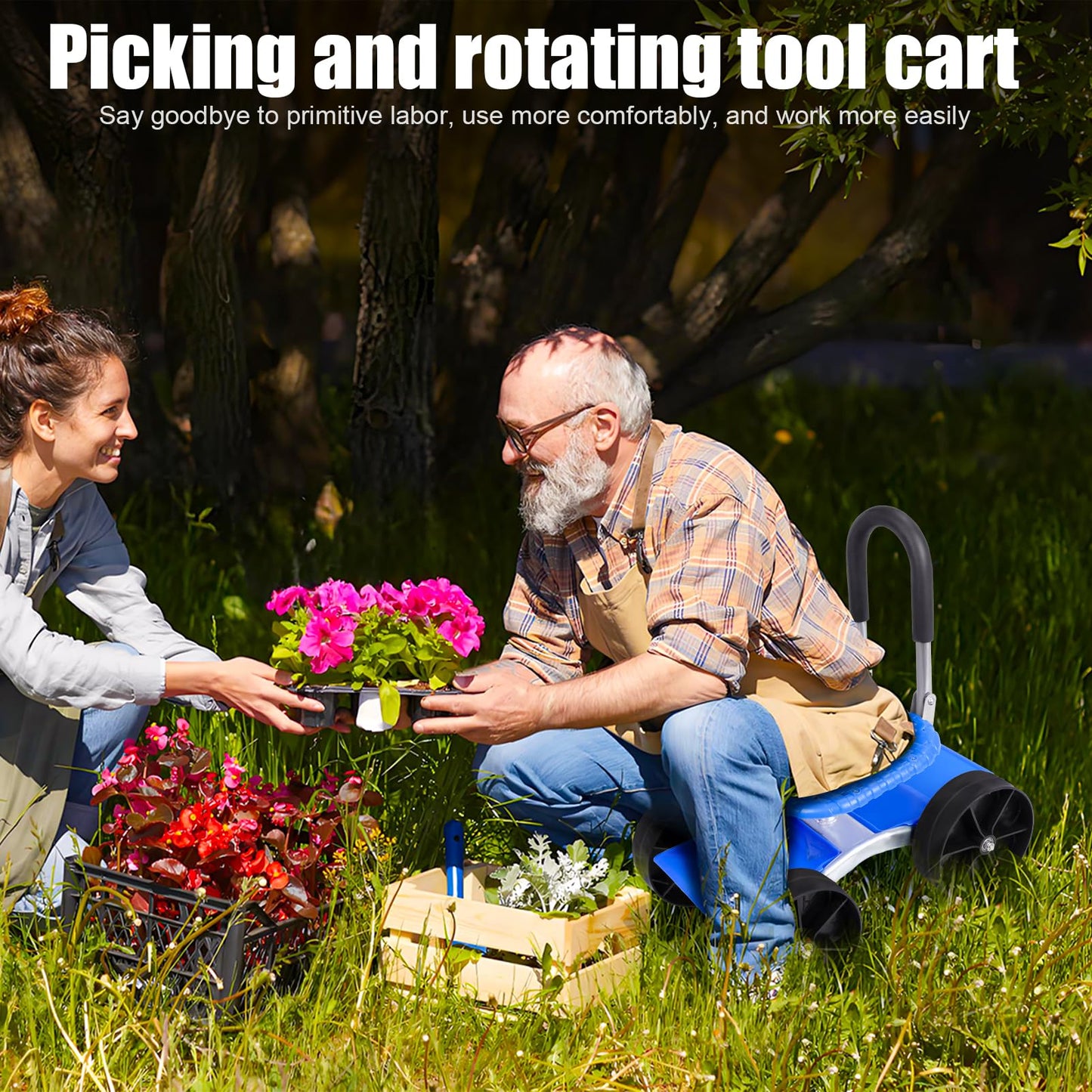 Explorinox Garden Cart Rolling Workseat with Wheels,Height Adjustable Gardening Stool for Planting,360 Degree Swivel Seat, Picking Rotary Tool Cart for Outdoor, Patio and Yard Blue