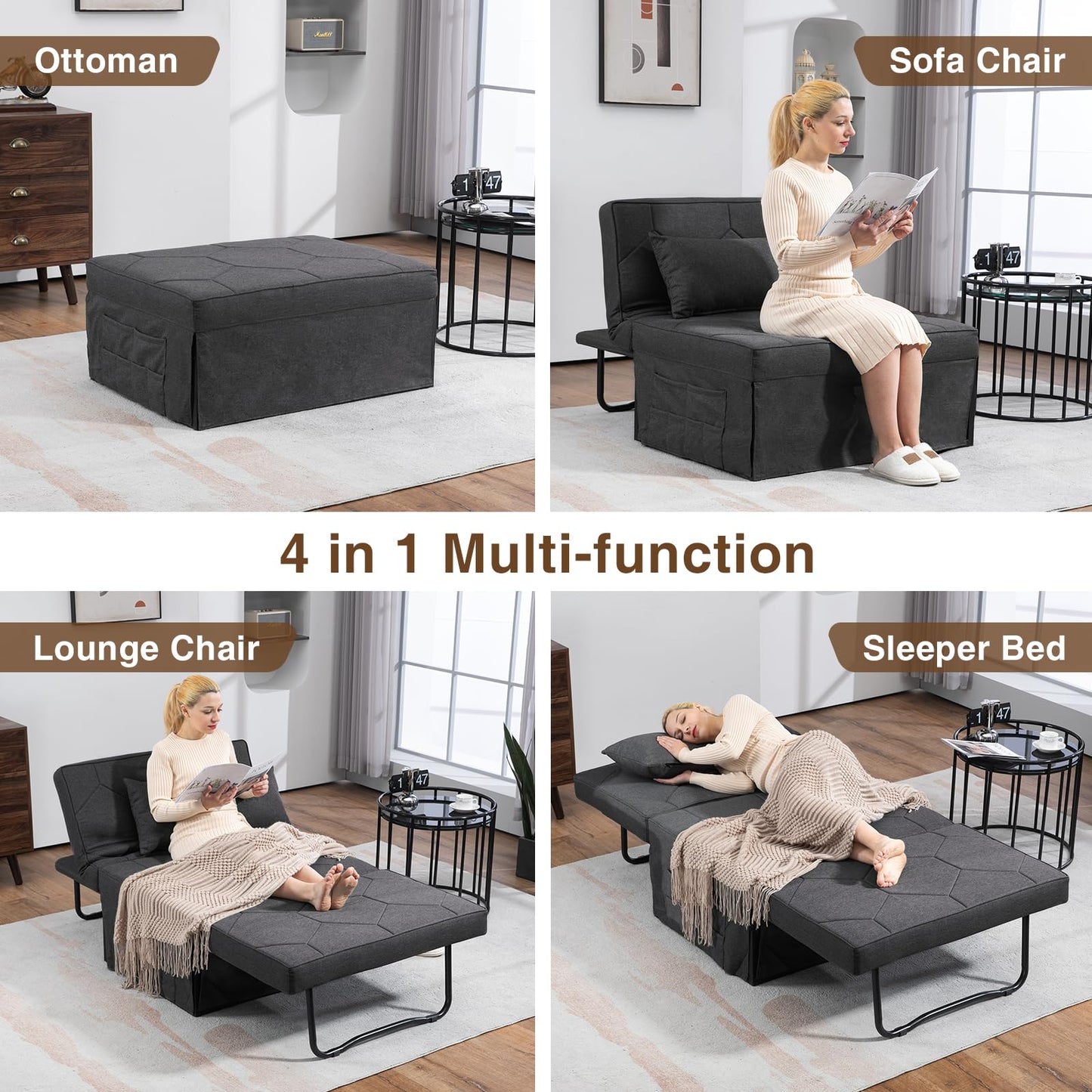 4 in 1 Sleeper Chair, Convertible Sleeper Sofa with Ottoman, Ottoman Bed for Adults, Sofa Bed with Adjustable Backrest for Living Room Apartment Office, Dark Grey