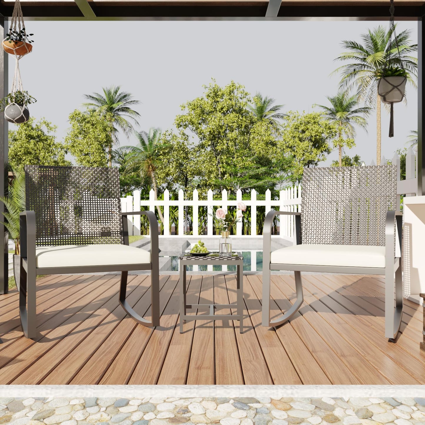 HLNPTN 3 Pieces Patio Furniture Set, Outdoor Rocking Bistro Set, Textilene Fabric Small Patio Front Porch Furniture Rocker Chairs Set of 2 with Coffee Table for Backyard, Garden, Off-White