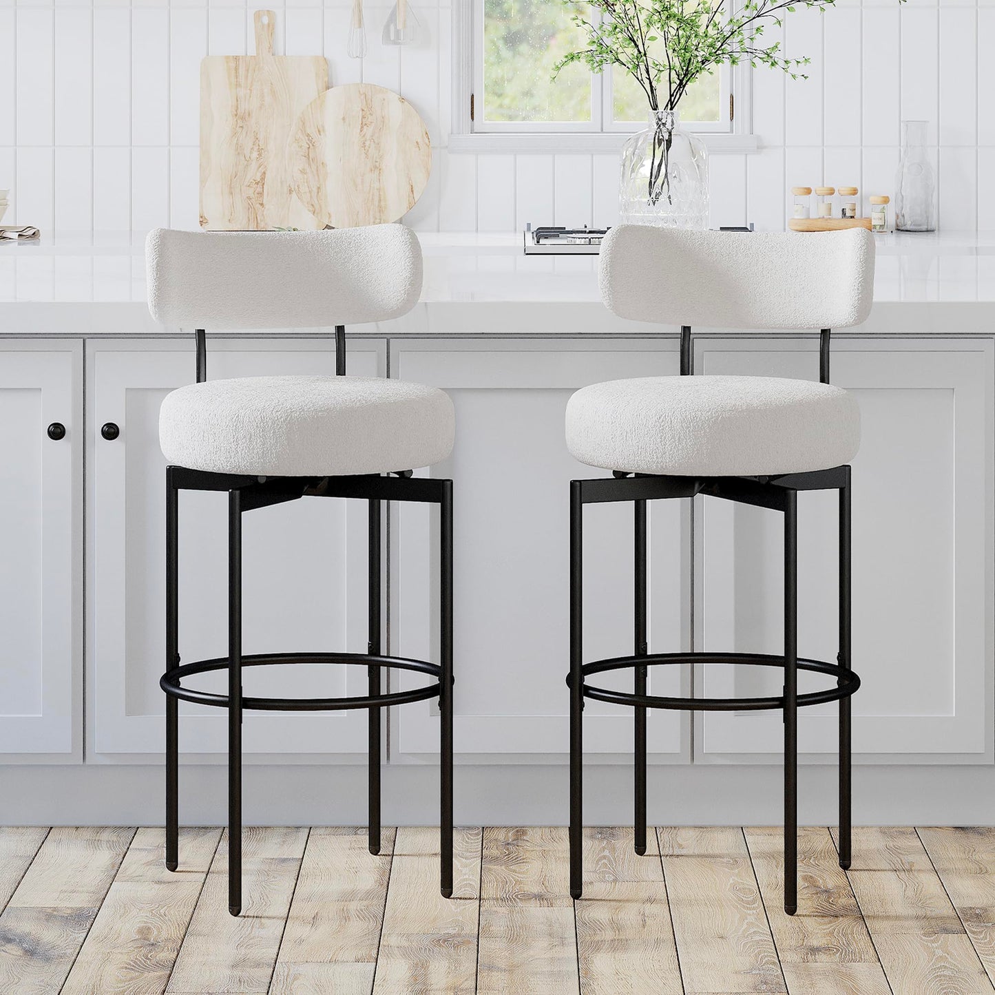 STHOUYN Counter Height Bar Stools Set of 2, White Swivel Bar Stools with Back, Modren Kitchen Island Chairs (1, White)