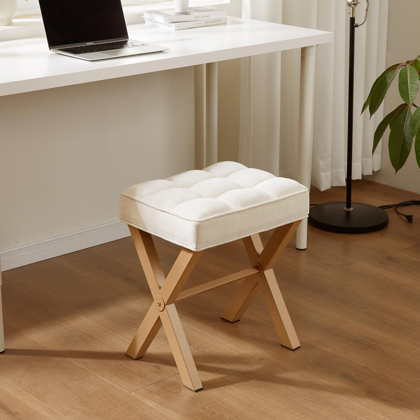 Royal Windsor Vanity Stool,Square Ottoman Stool Foot Rest,Upholstered Vanity Chair Foot Stool with Metal X Legs, Small Vanity Seat for Entryway,Bedroom and Living Room,Linen Beige