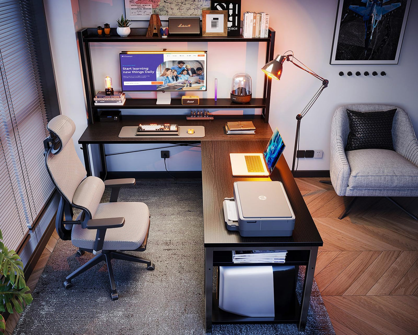 ODK L Shaped Gaming Desk with Hutch, Computer Desk with Storage Shelves, 66" L Shaped Desk for Home Office, Corner Desk with Headphone Hook, Black
