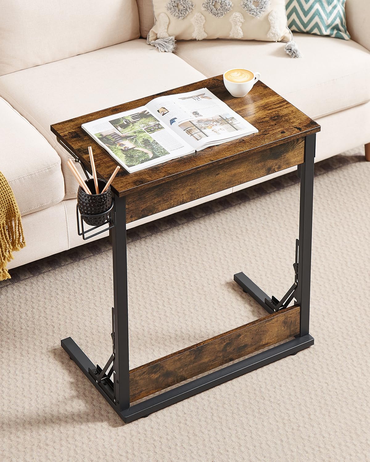 Tatub 24" Upgraded Folding TV Tray Table, Foldable C Shaped End Table for Couch, TV Dinner Tray with Cup Holder, Small Sofa-Side Laptop Desk for Living Room Bedroom, Rustic Brown