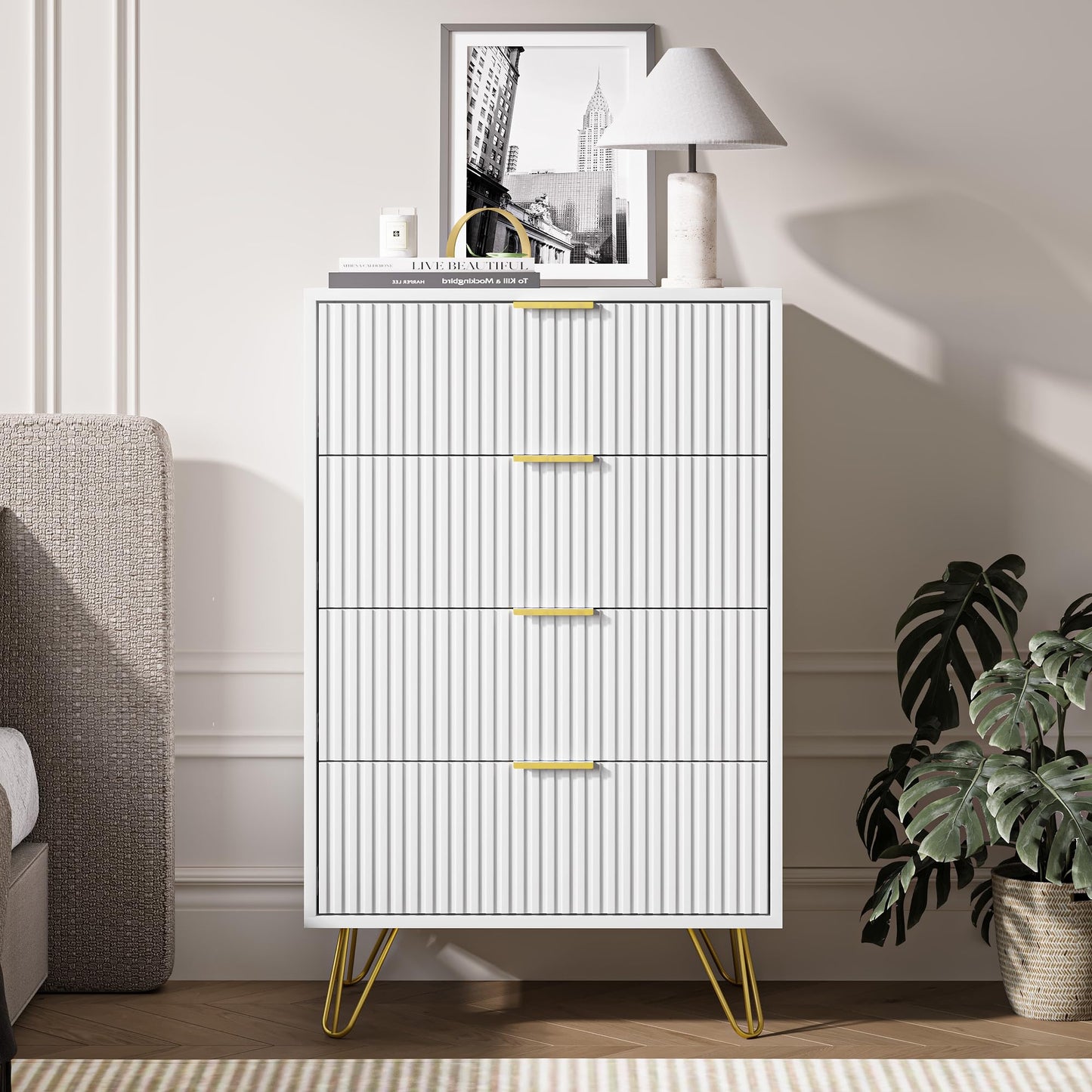 MAISONARIA White Dresser for Bedroom, Modern Dresser with Gold Metal Handles & Chests of Drawers