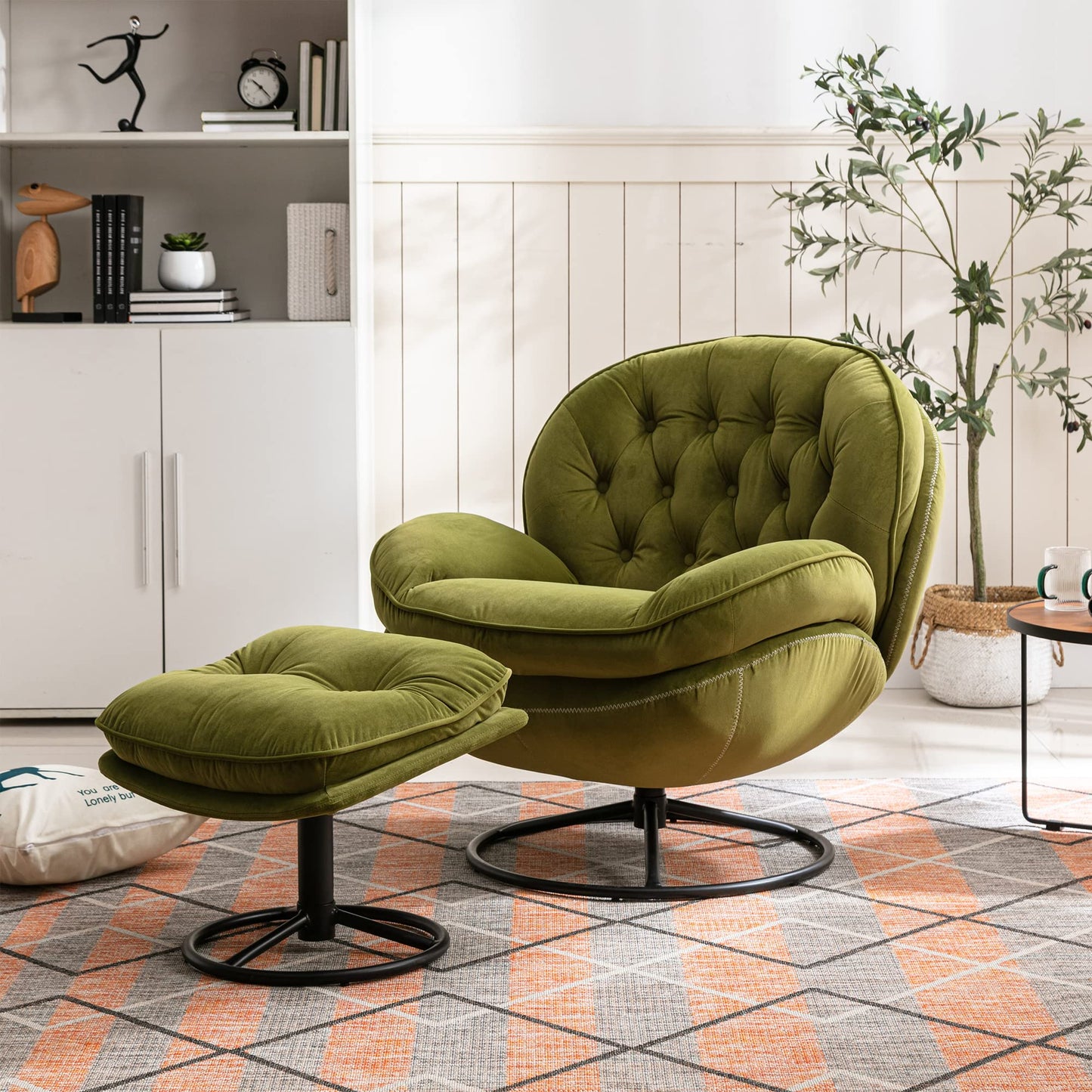 Baysitone Velvet Swivel Accent Chair with Ottoman Set, Modern Lounge Chair with Footrest, Comfy Armchair with 360 Degree Swiveling for Living Room, Bedroom, Reading Room, Home Office (Fruit Green)