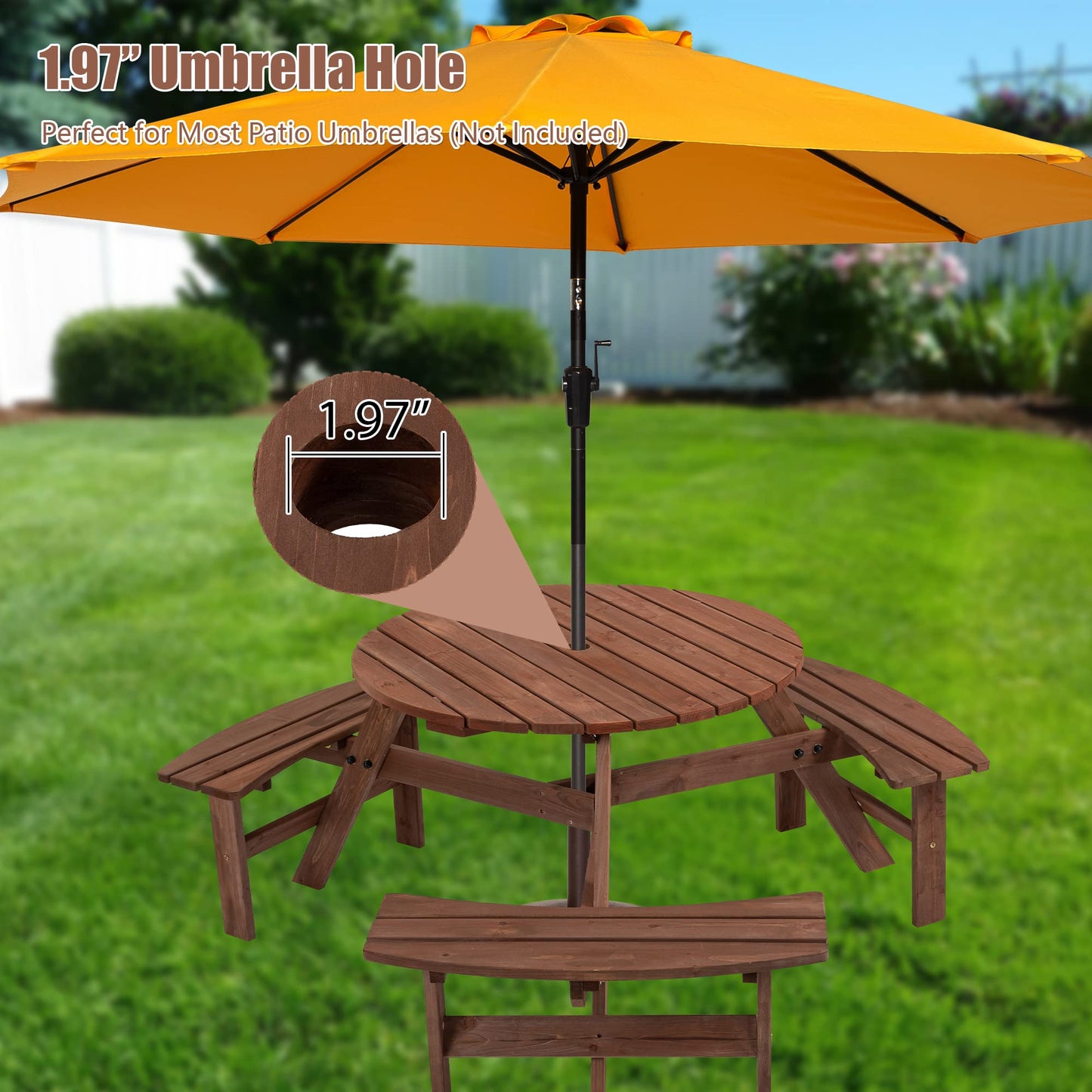 DOPERFE 6-Person Outdoor Round Wooden Picnic Table with 3 Built-in Benches, Outdoor Dining Set with Umbrella Holes, 1720 lb. Weight Capacity for Garden, Lawn, Patio (Brown, 66.92"*66.92"*27.55")