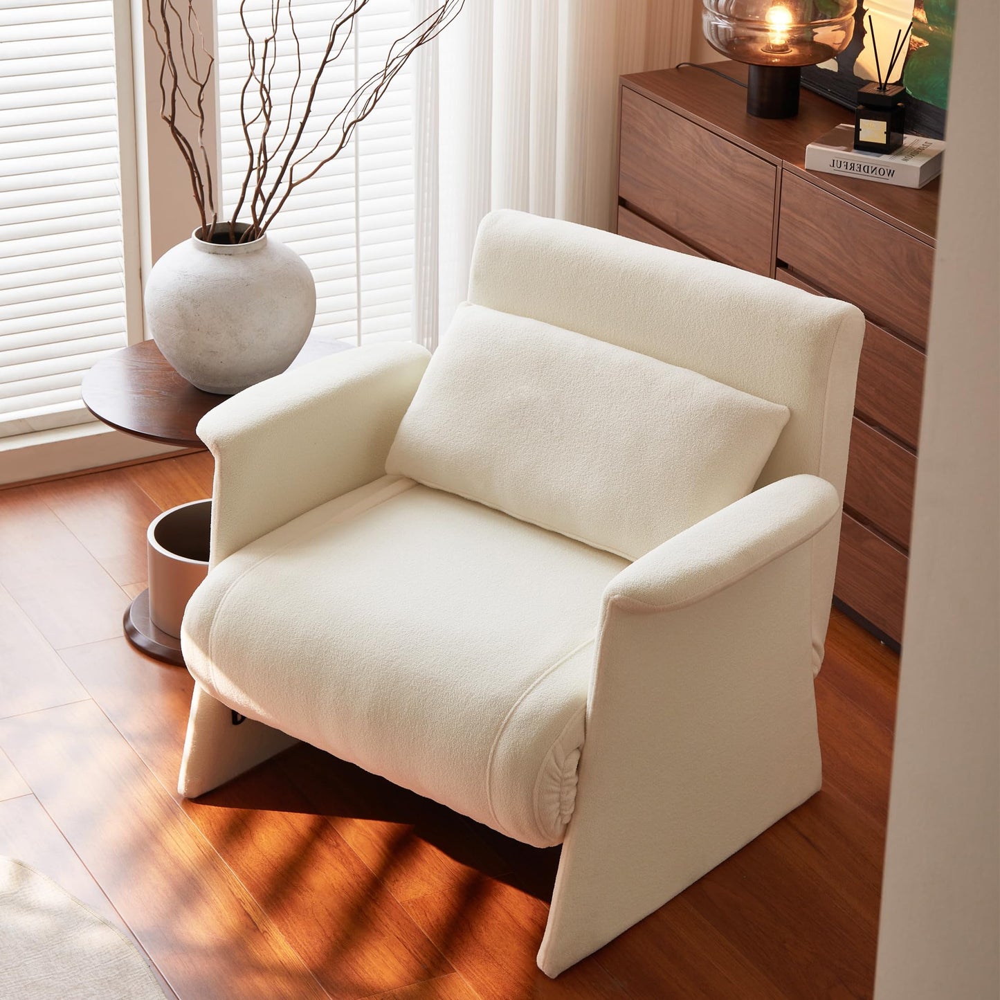 NessCarsti Modern Sofa Bed, 3-in-1 Multi-Functional Sleeper Chair Bed, Boucle Fabric Chair with Adjustable Backrest, for Living Room Bedroom Apartment Small Space, Cream White，29.13"