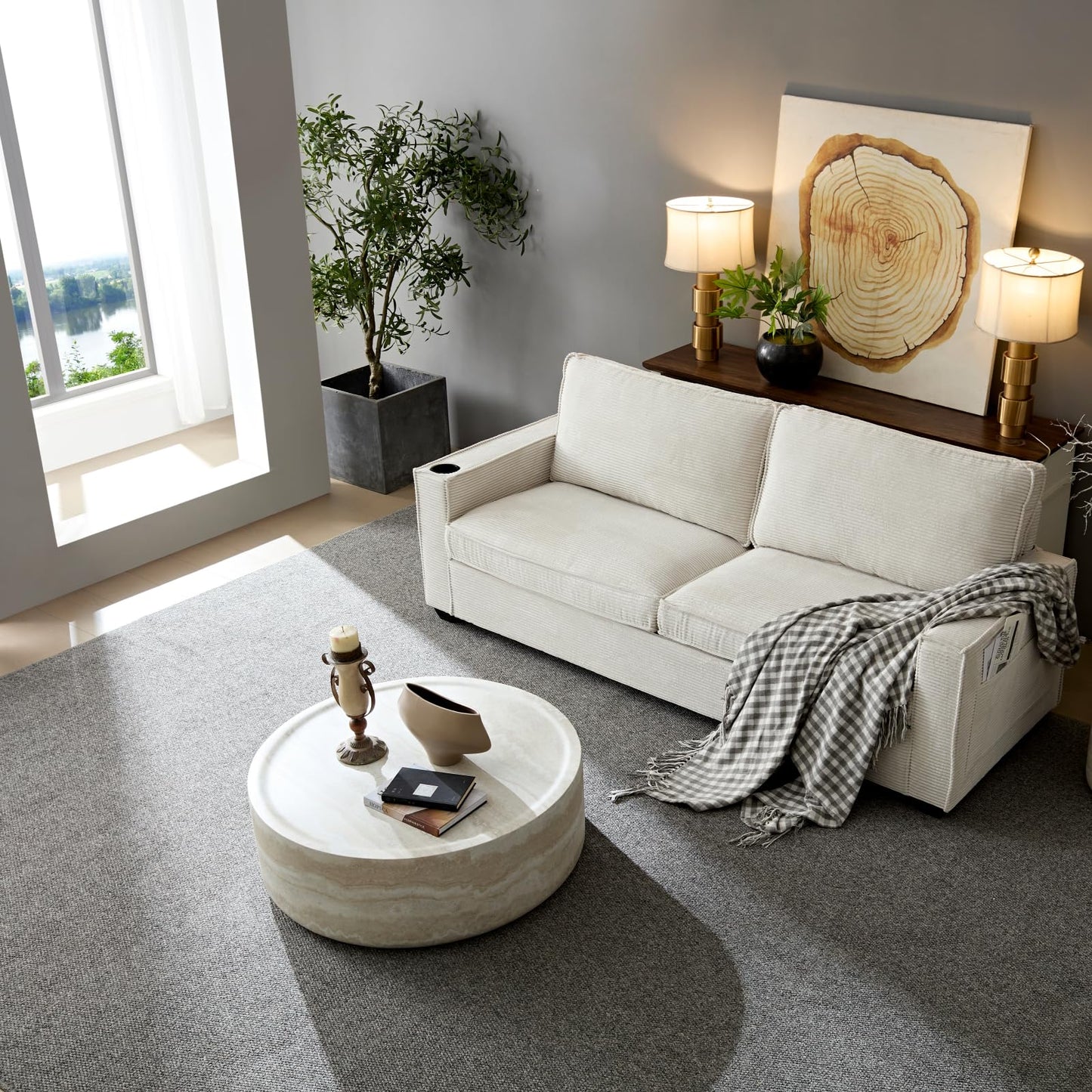 KEVINSPACE Travertine Coffee Table Round CoffeeTables for Living Room Modern Faux Marble Center Circle Table Concrete Accent Table Farmhouse Drum CoffeeTable for Apartment Bedroom Fiberglass ø31.5