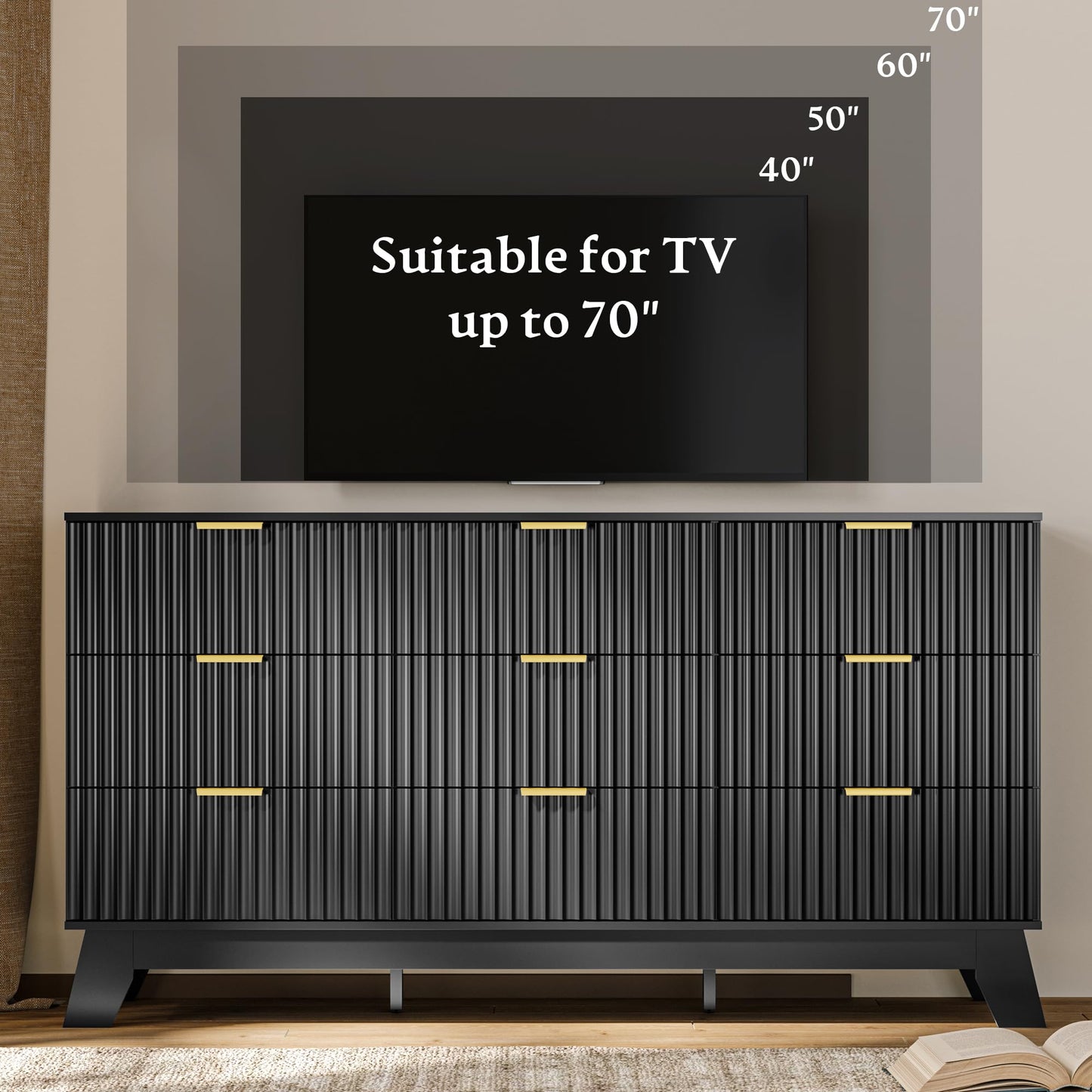 HUANLEGO Fluted Dresser for Bedroom with 9 Drawers, 57" Mid Century Modern Dresser of Closet TV Stand, Nature Wood Dressers with Gold Handle, Boho Closet Wide Modern Chest of Drawers, Black