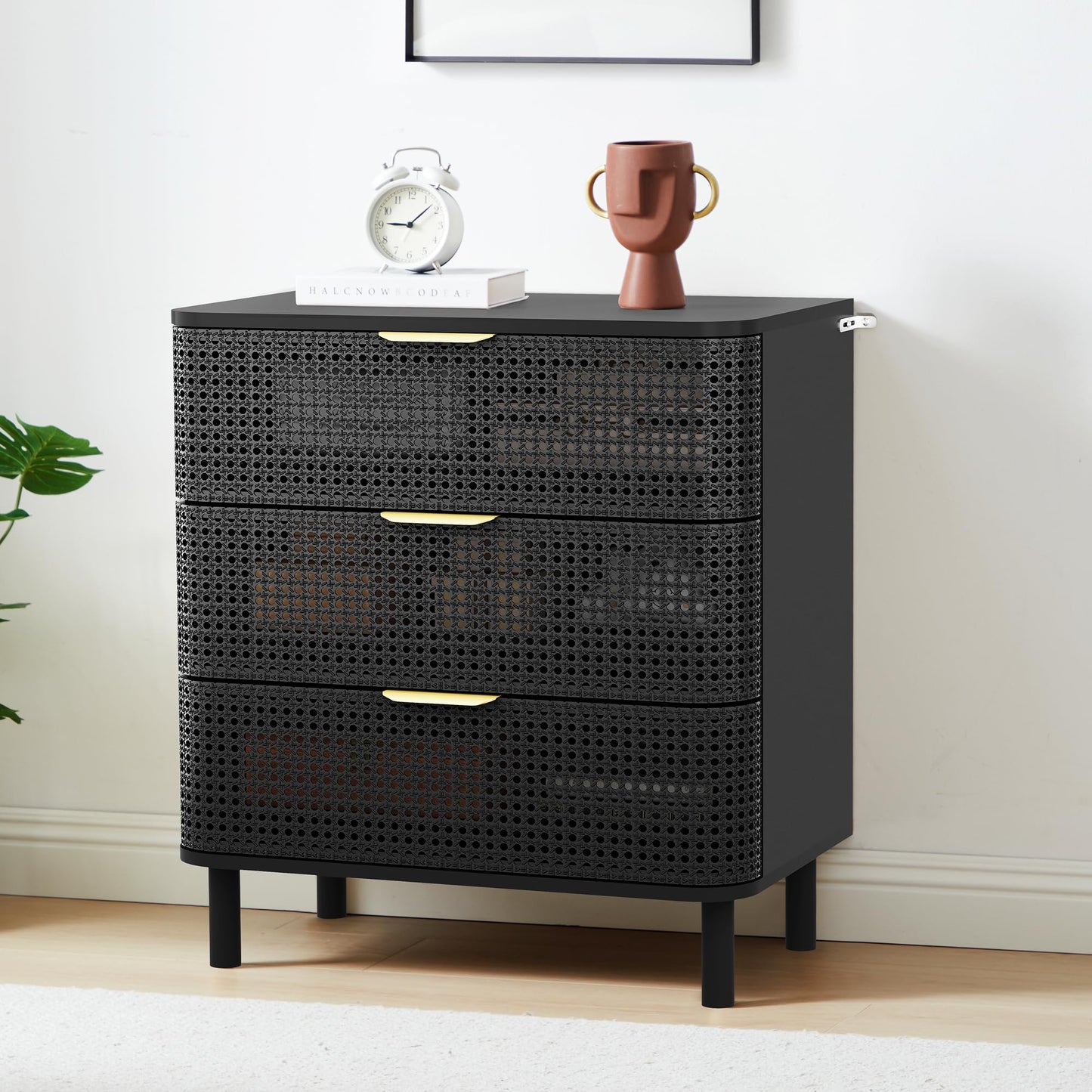 YZRSTY 3 Drawer Dresser for Bedroom, Modern Iron Closet Dressers Chest of Drawers, Boho Rattan Wide Dresser Nightstand with Storage Drawers for Living Room, Dressing Room, Entryway, Hallway