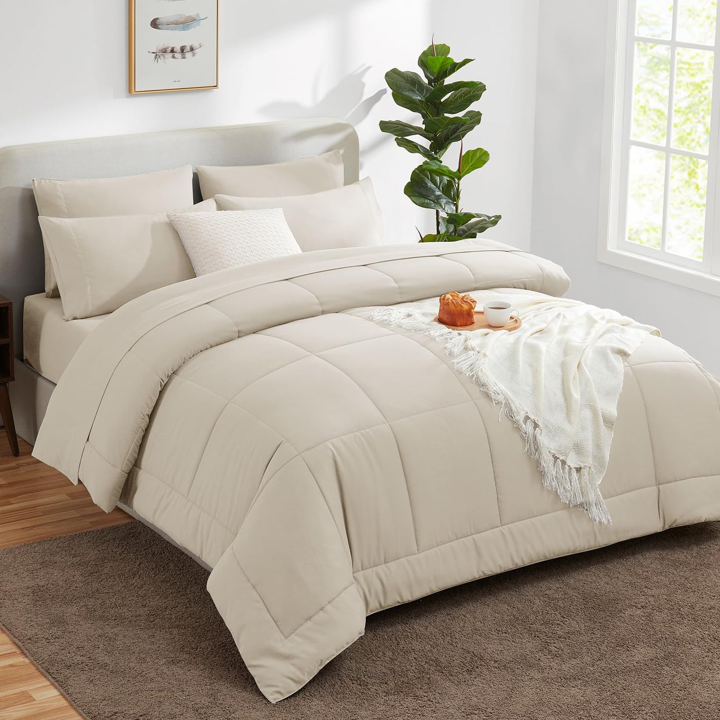 CozyLux Queen Comforter Set Beige, 7 Pieces Bed in a Bag, Beige Comforter Queen Size, All Season Bedding Sets with Stitch Quilted Comforter, Flat Sheet, Fitted Sheet, Pillowcases