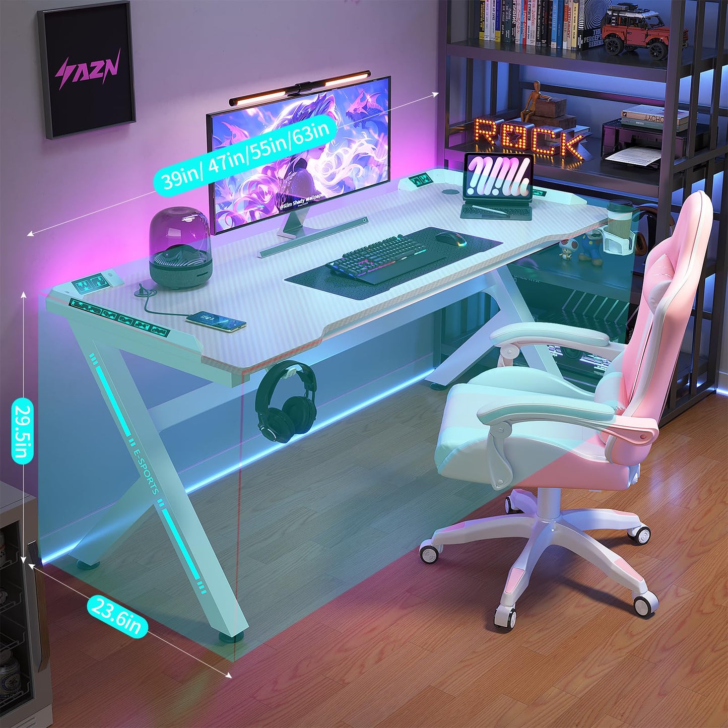 AZN Gaming Desk with LED Lights, Home Office Desks, Computer Desk Gaming Small Desk for Bedroom, Study Table with USB Charging Ports (Pink, 55 Inch)
