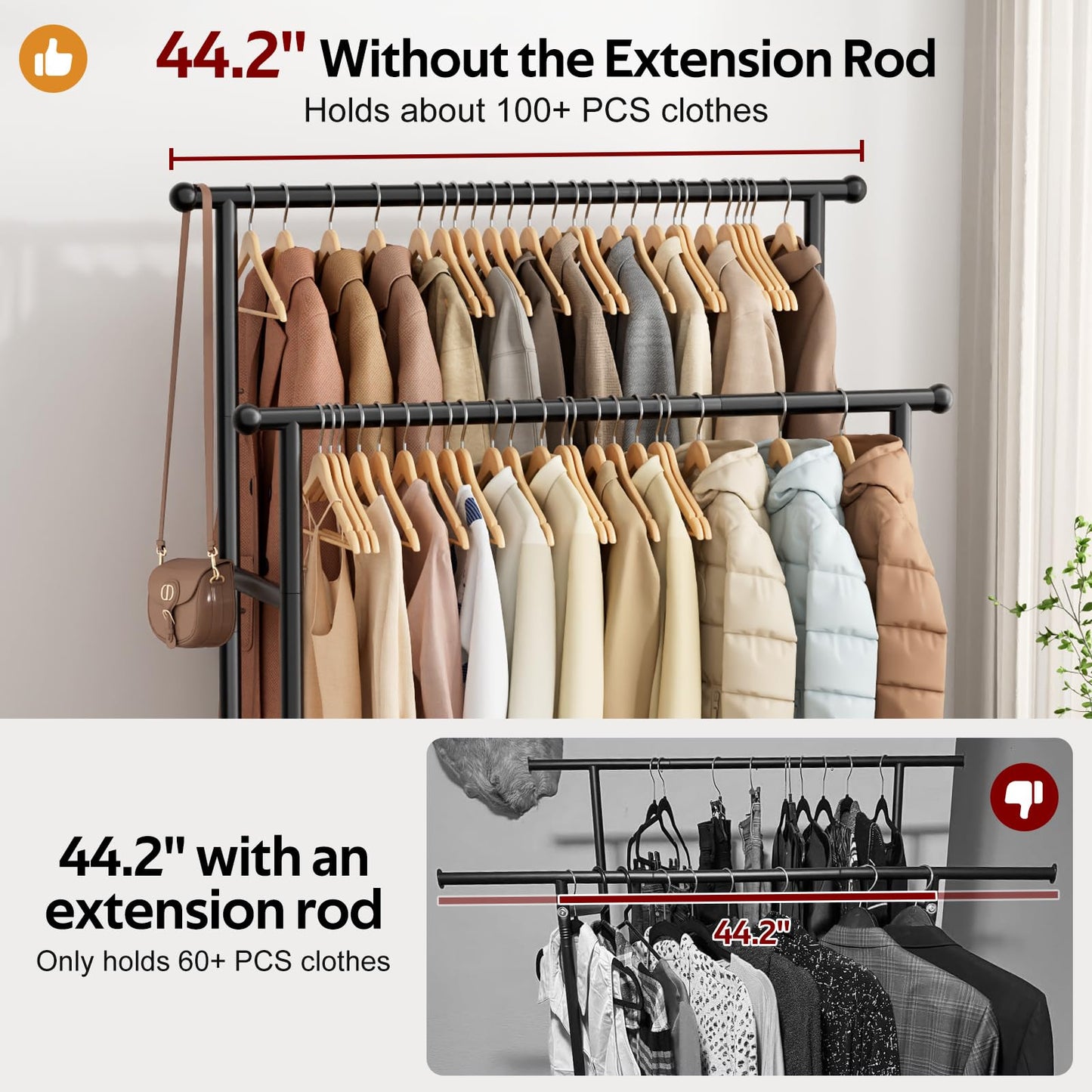 MISSLO Double Rods Garment Rack Heavy Duty Clothing Rack for Hanging Clothes Portable Clothes Organizer for Bedroom, Living Room, Clothing Store (Matte Black)