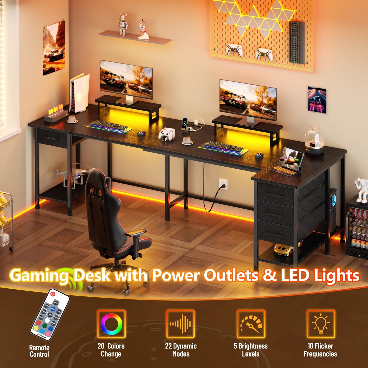 Korfile 93" Two Person Office Desk, Long Computer Gaming Desk with Power Outlets & LED Lights, Large Home Office Desk with 4 Storage Drawers & 2 Monitor Stand for Work Writing Study