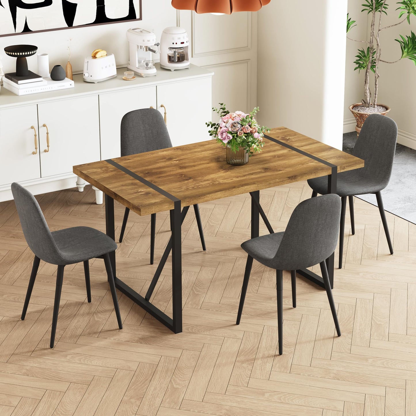 Ganooly Rustic 5 Piece Dining Room Table Set for 4 People, Mid Century Modern 55 Inch Rectangle Wood Kitchen Dining Table with 4 Fabric Chairs Set, Suitable for Kitchen Dining Room