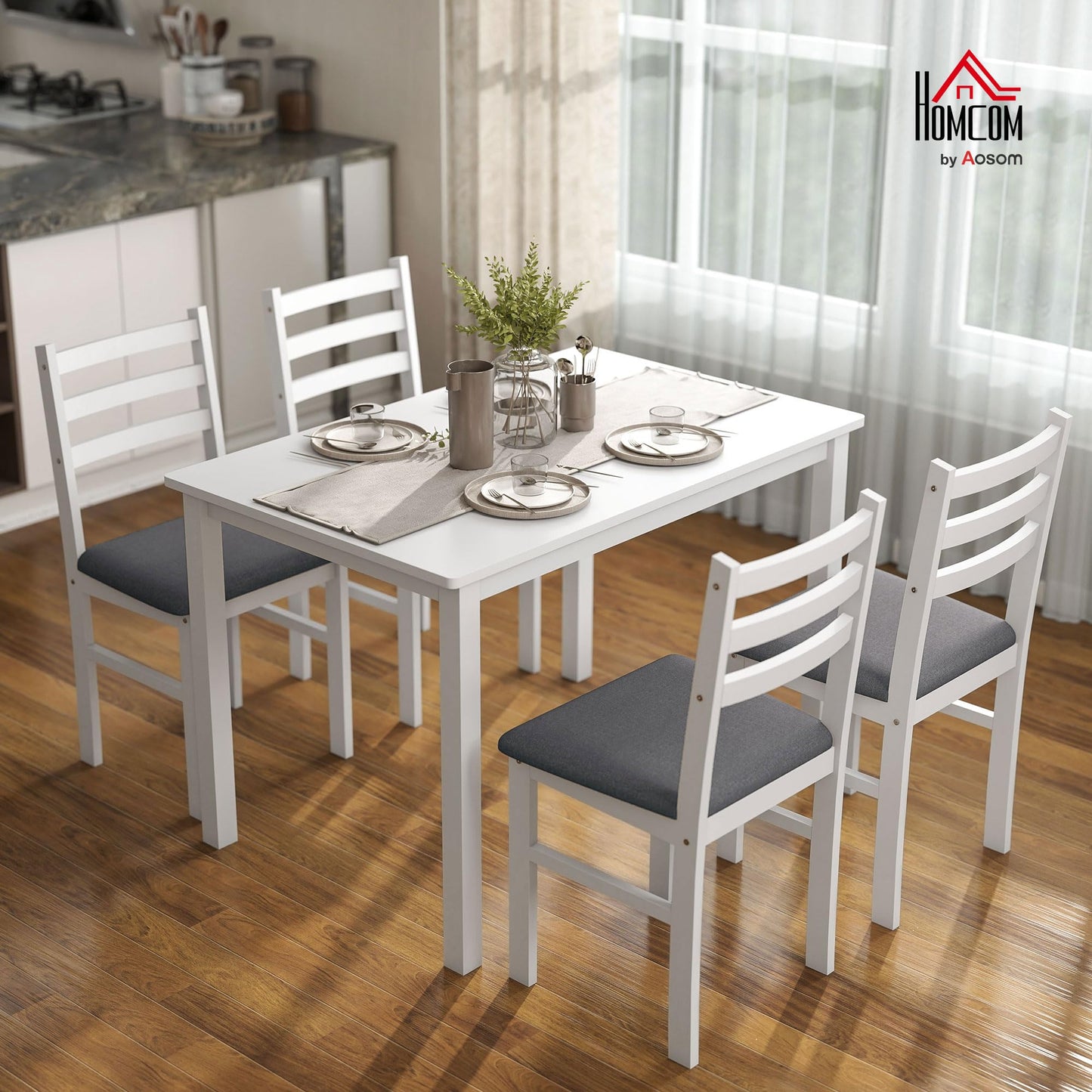 HOMCOM 5-Piece Dining Table Set for 4, Farmhouse Kitchen Table Set with 4 Upholstered Padded Chairs, Solid Wood Legs and Backrest for Small Space, Dining Room, Breakfast Nook, White