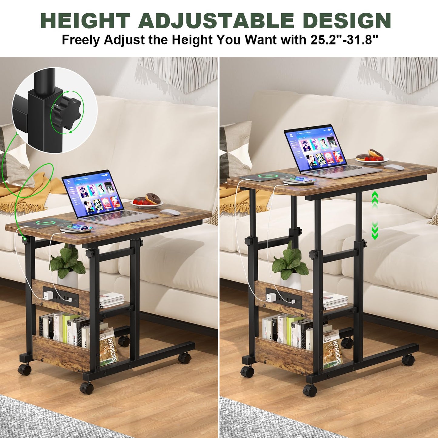 C Shaped End Table Height Adjustable - Couch Side Table with Charging Station, TV Tray with Wheels Slide Under Sofa for Small Spaces, Living Room Bedroom, Rustic Brown